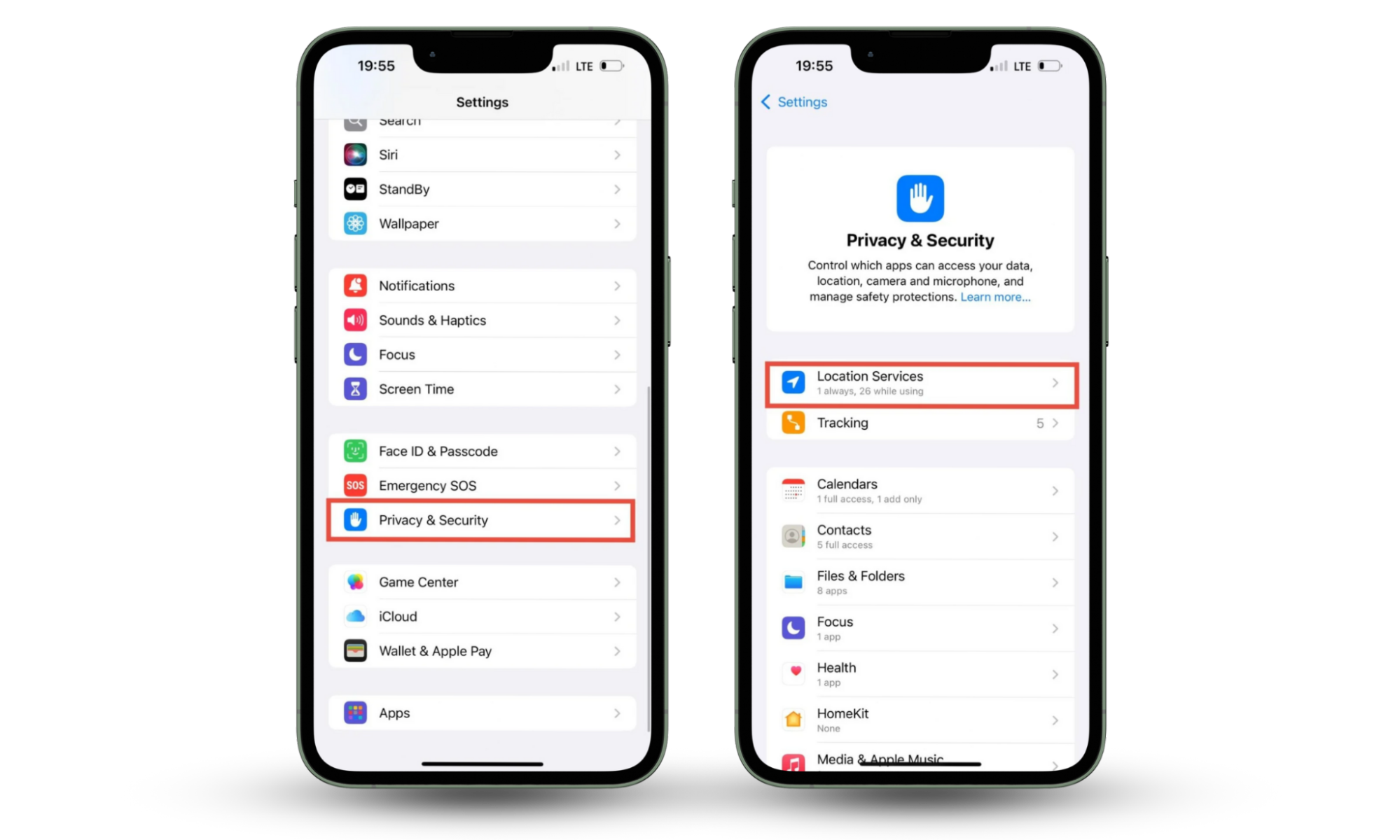 Use Clario Anti Spy if you want to stop sharing location without them knowing. Settings feature open on iPhone with Privacy & Security feature highlighted. Location Services feature also highlighted. Use Clario Anti Spy if you want to stop sharing location without them knowing. Settings feature open on iPhone with Privacy & Security feature highlighted. Location Services feature also highlighted.
