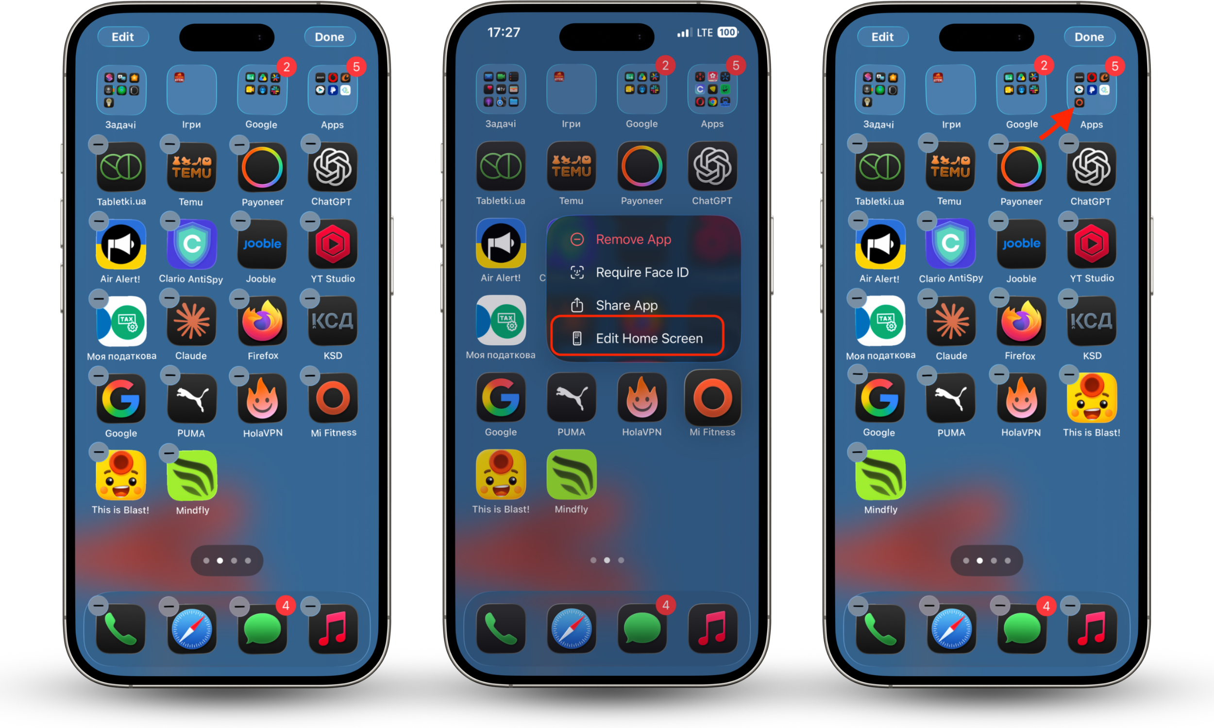 An iPhone home screen shows an app icon being dragged to the second or third page inside an open folder.