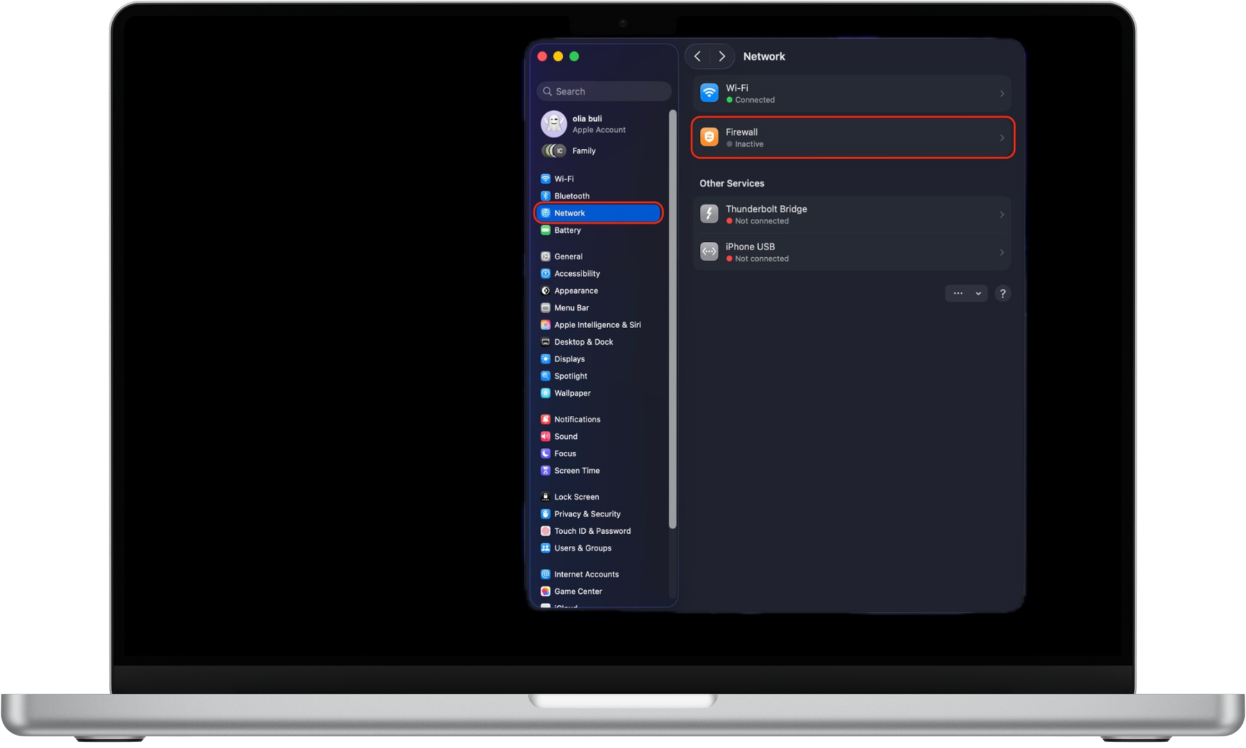 Navigating to Network and Firewall settings on macOS to strengthen protection against zero-day attacks.