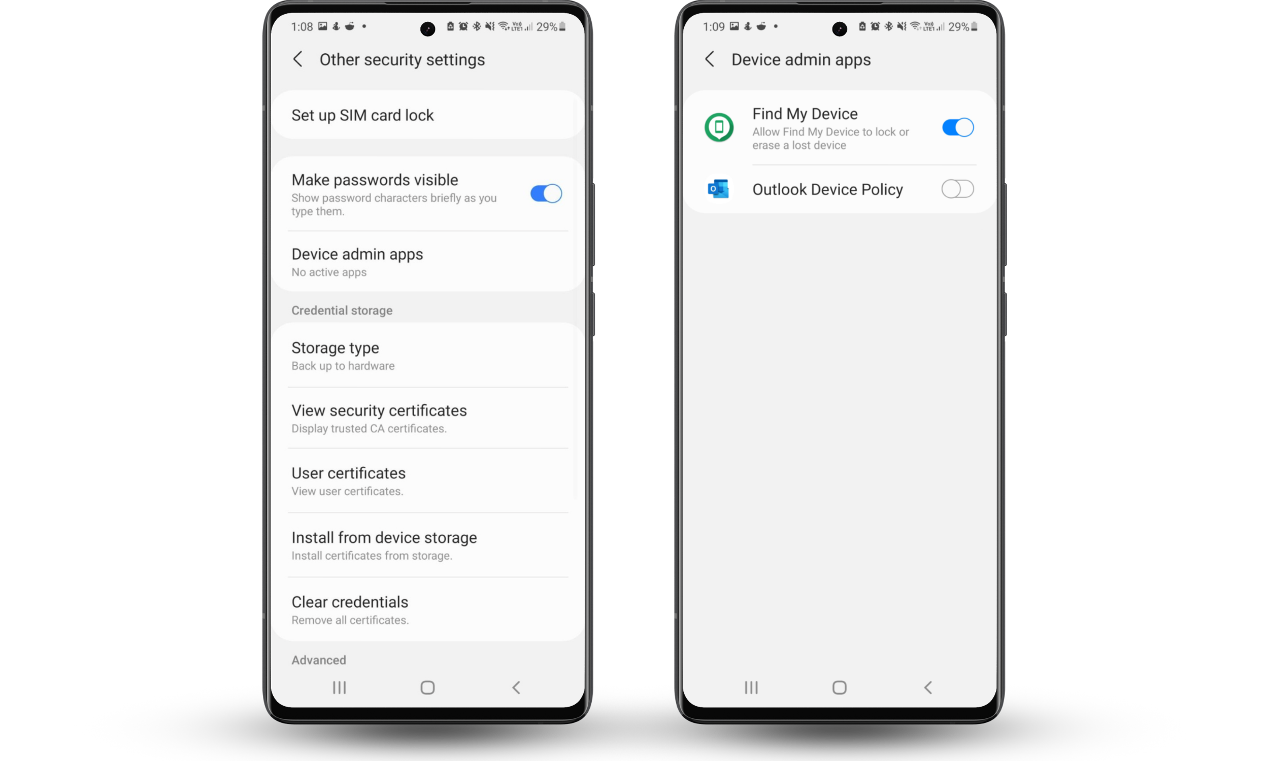 Android security settings screen showing Device admin apps list with admin permission toggle. Android security settings screen showing Device admin apps list with admin permission toggle.