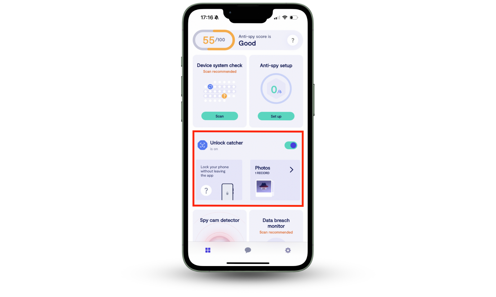 The Unlock catcher feature highlighted in the Clario Anti Spy. Use anti-spy software to detect SpyBubble on Your Phone. The Unlock catcher feature highlighted in the Clario Anti Spy. Use anti-spy software to detect SpyBubble on Your Phone.