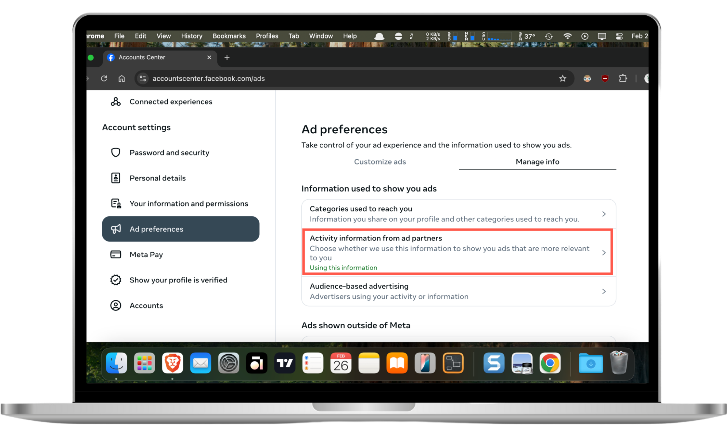 This browser screenshot shows how to stop Facebook ads by preventing the platform from generating ads from data collected via Meta's ad partners. This browser screenshot shows how to stop Facebook ads by preventing the platform from generating ads from data collected via Meta's ad partners.