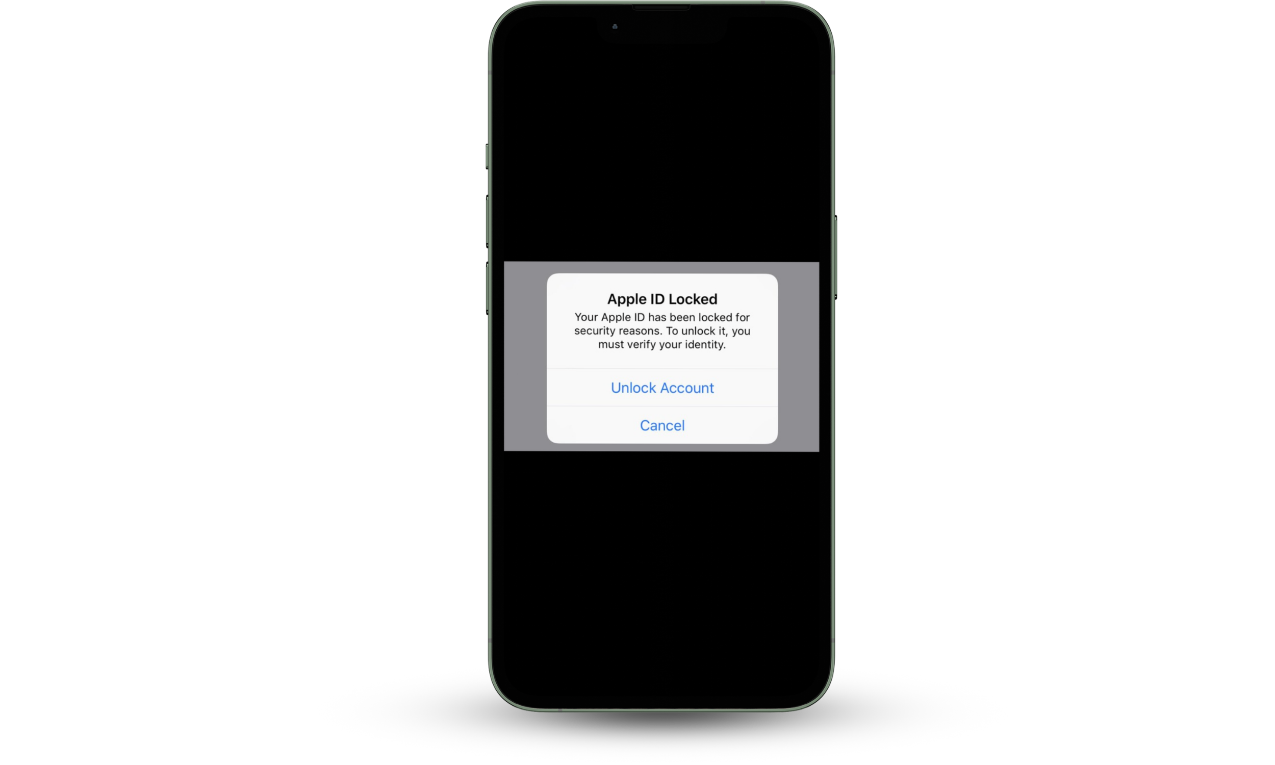 iPhone lock screen message triggered by a compromised Apple ID showing the device marked as lost and locked through Find My iPhone by a scammer