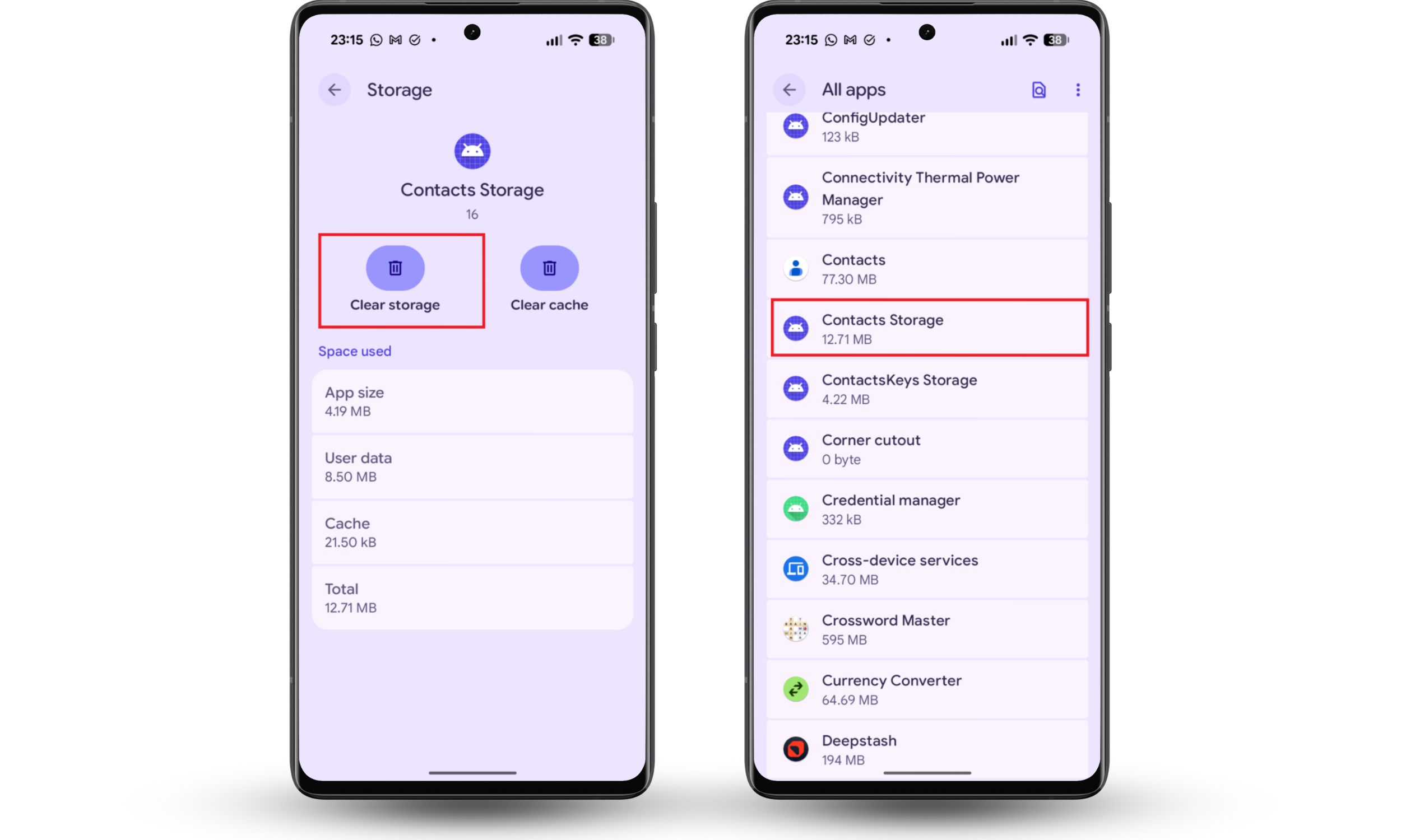Android All apps screen highlighting Contacts Storage and the Clear storage button while troubleshooting contacts syncing on another phone.