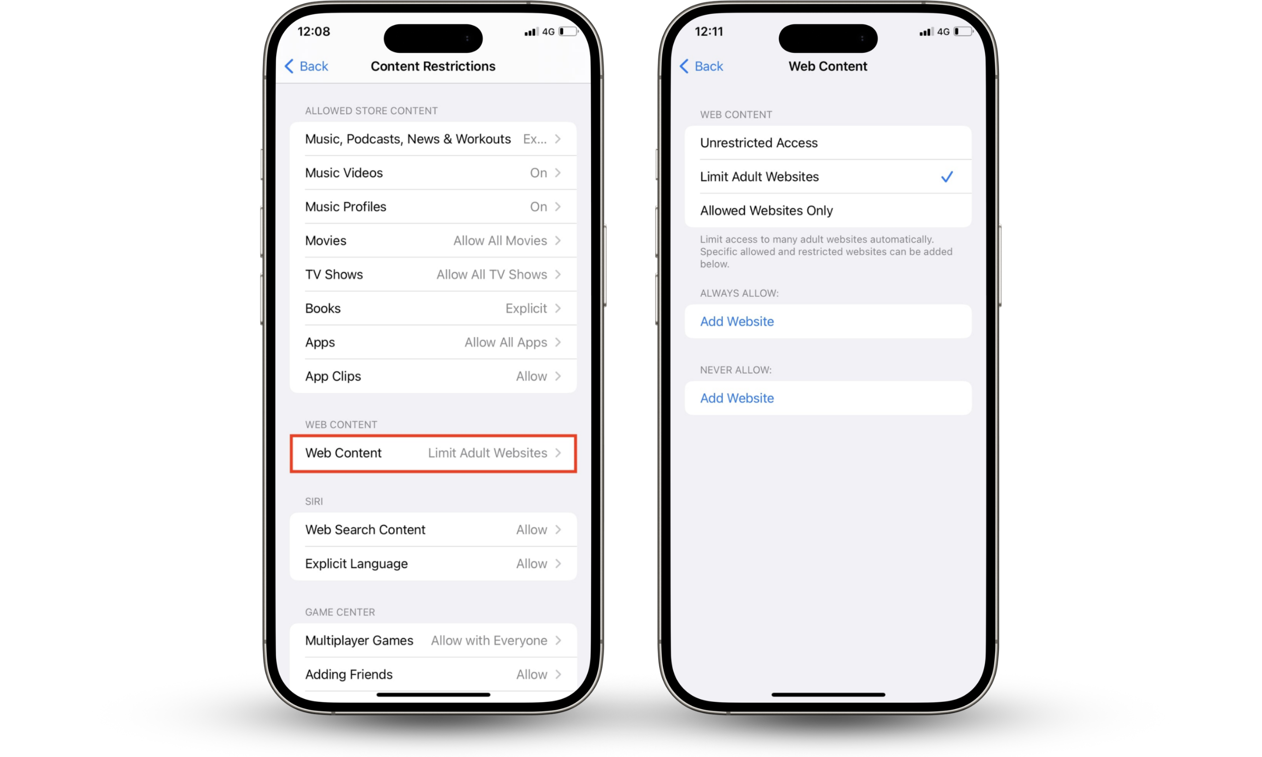 The Web Content settings page on an iPhone displays parental control options for limiting adult websites or allowing access only to selected websites. The Web Content settings page on an iPhone displays parental control options for limiting adult websites or allowing access only to selected websites.