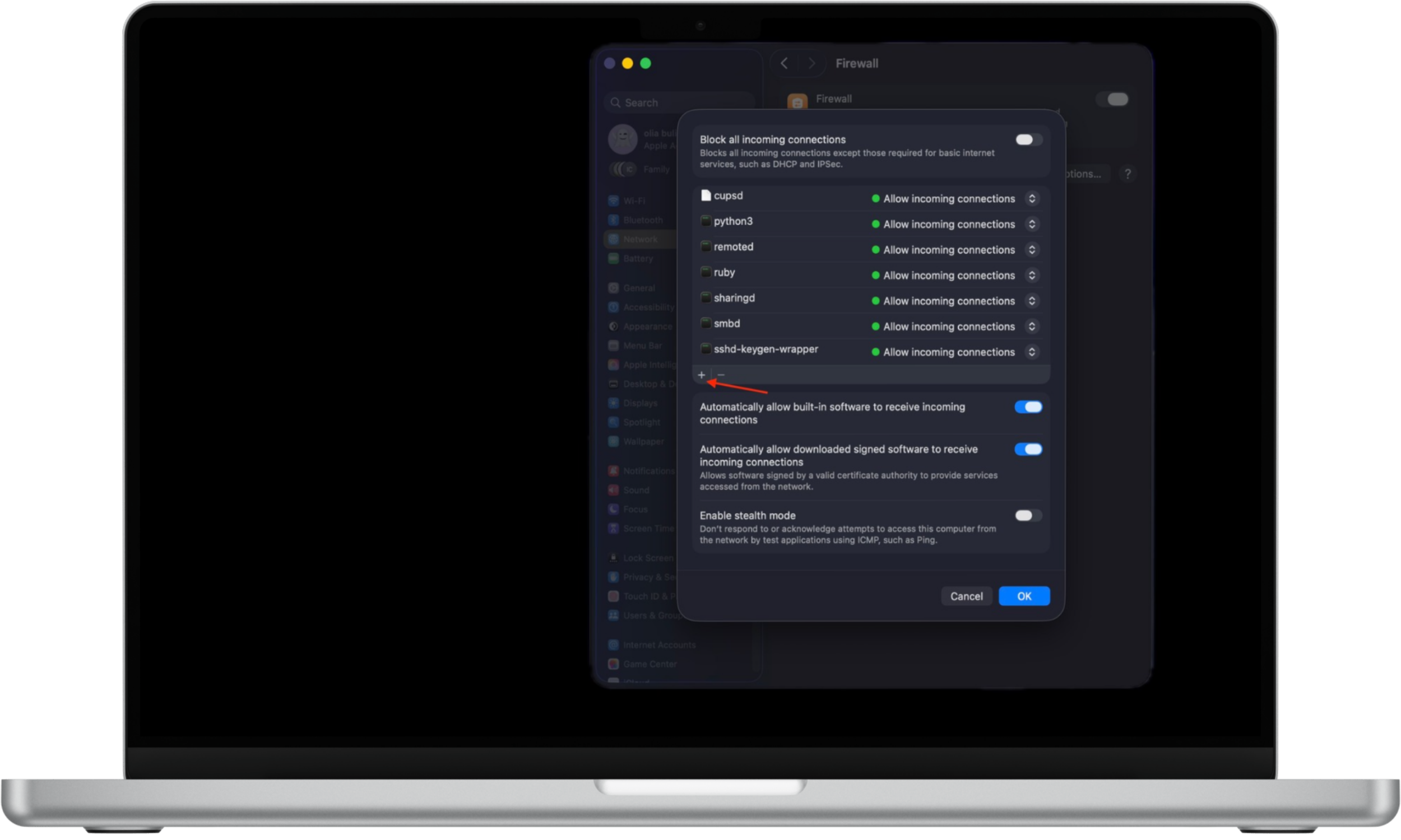 macOS firewall settings showing the Add (+) button used to allow or block apps, helping strengthen protection against zero-day attacks