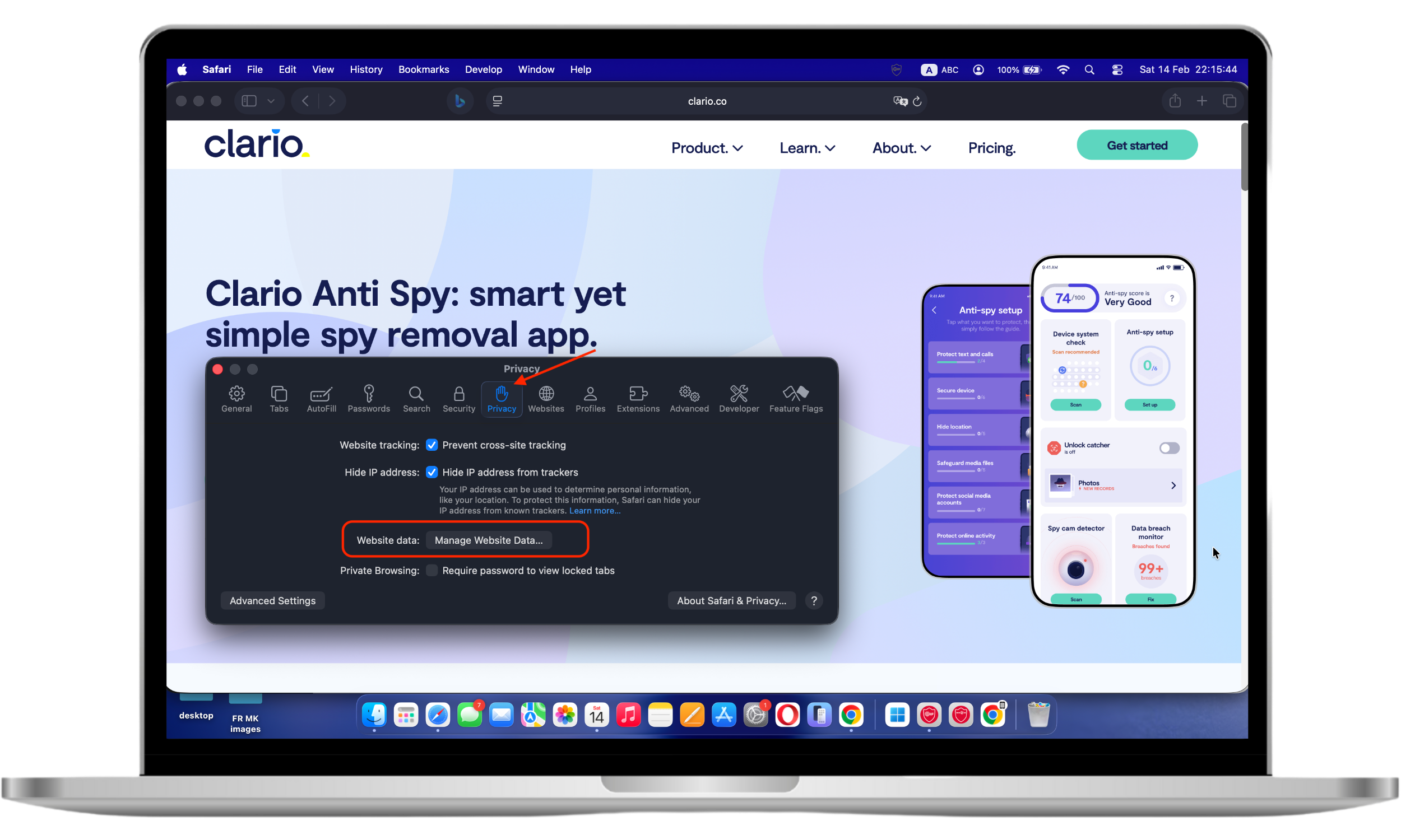 These Mac screenshots highlight the Manage Website Data option in Safari Settings, which you must click to manage web data and stop browser tracking.
