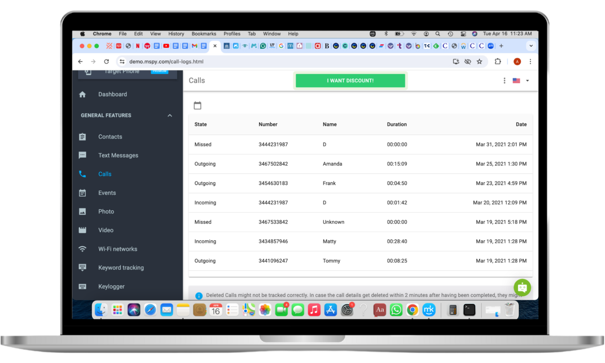 A mockup of mSpy's call monitoring feature is displayed on a Mac screen. It shows the target person's incoming, outgoing, and missed calls. The information also includes the phone numbers, names, dates, and duration of the calls. A mockup of mSpy's call monitoring feature is displayed on a Mac screen. It shows the target person's incoming, outgoing, and missed calls. The information also includes the phone numbers, names, dates, and duration of the calls.