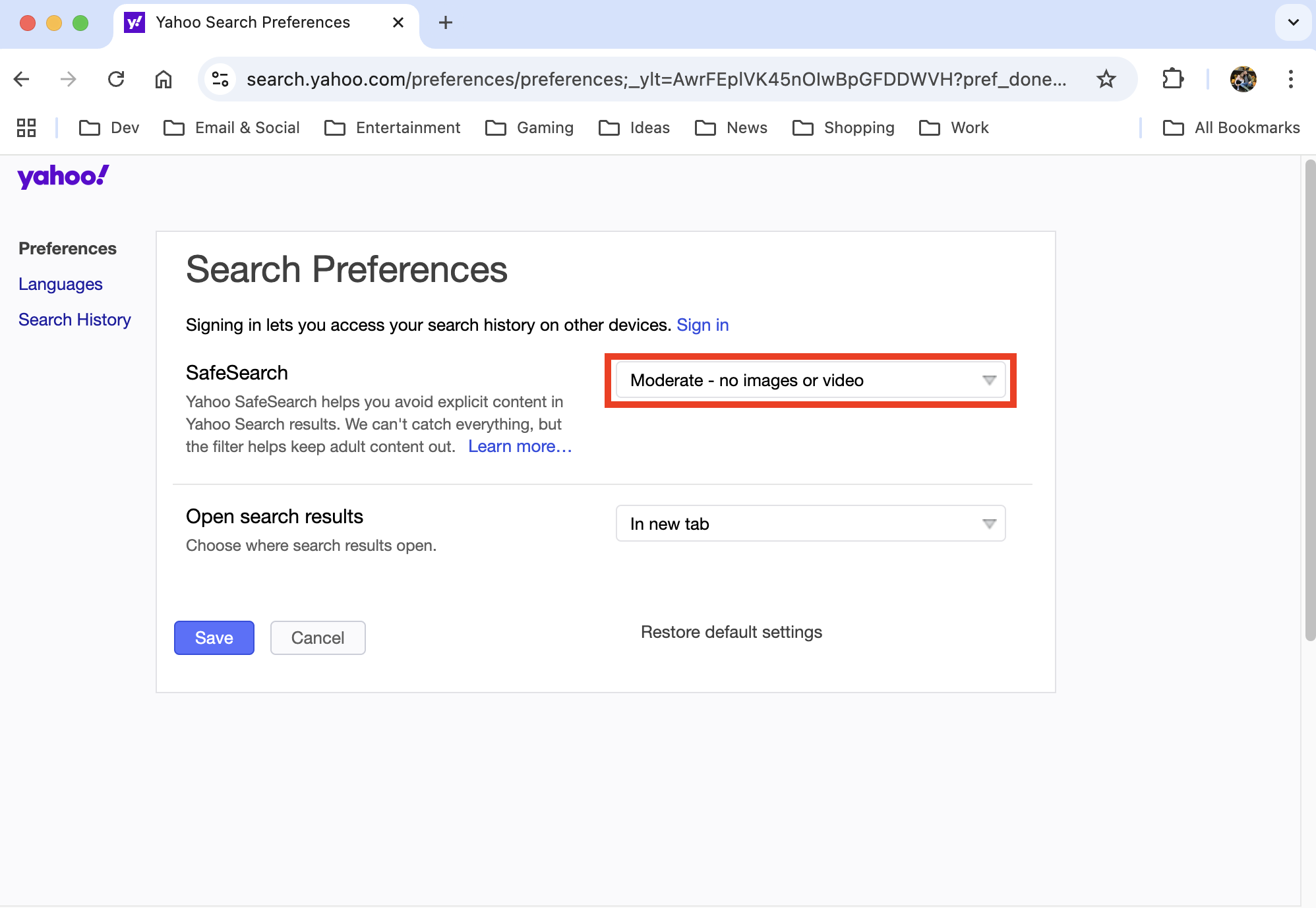 The Search Preferences page for Yahoo inside Google Chrome on Mac. Use the drop-down box next to SafeSearch to pick your preference. The Search Preferences page for Yahoo inside Google Chrome on Mac. Use the drop-down box next to SafeSearch to pick your preference.
