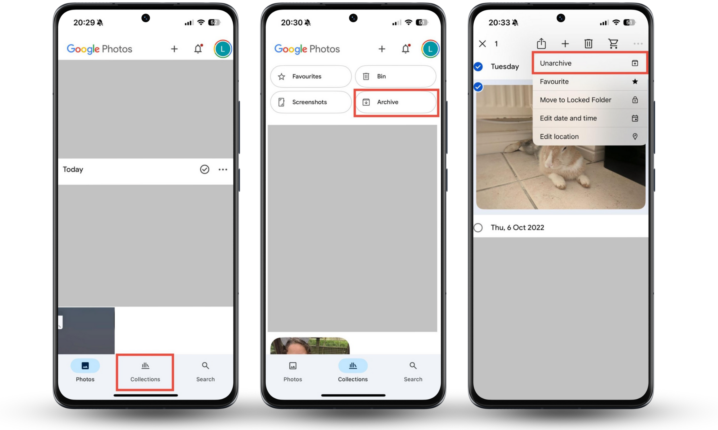 Google Photos on an iPhone, showing the steps needed to unarchive a photo and unhide it. You can move photos to hidden album or archived album to hide them, but may need to get them back. Google Photos on an iPhone, showing the steps needed to unarchive a photo and unhide it. You can move photos to hidden album or archived album to hide them, but may need to get them back.
