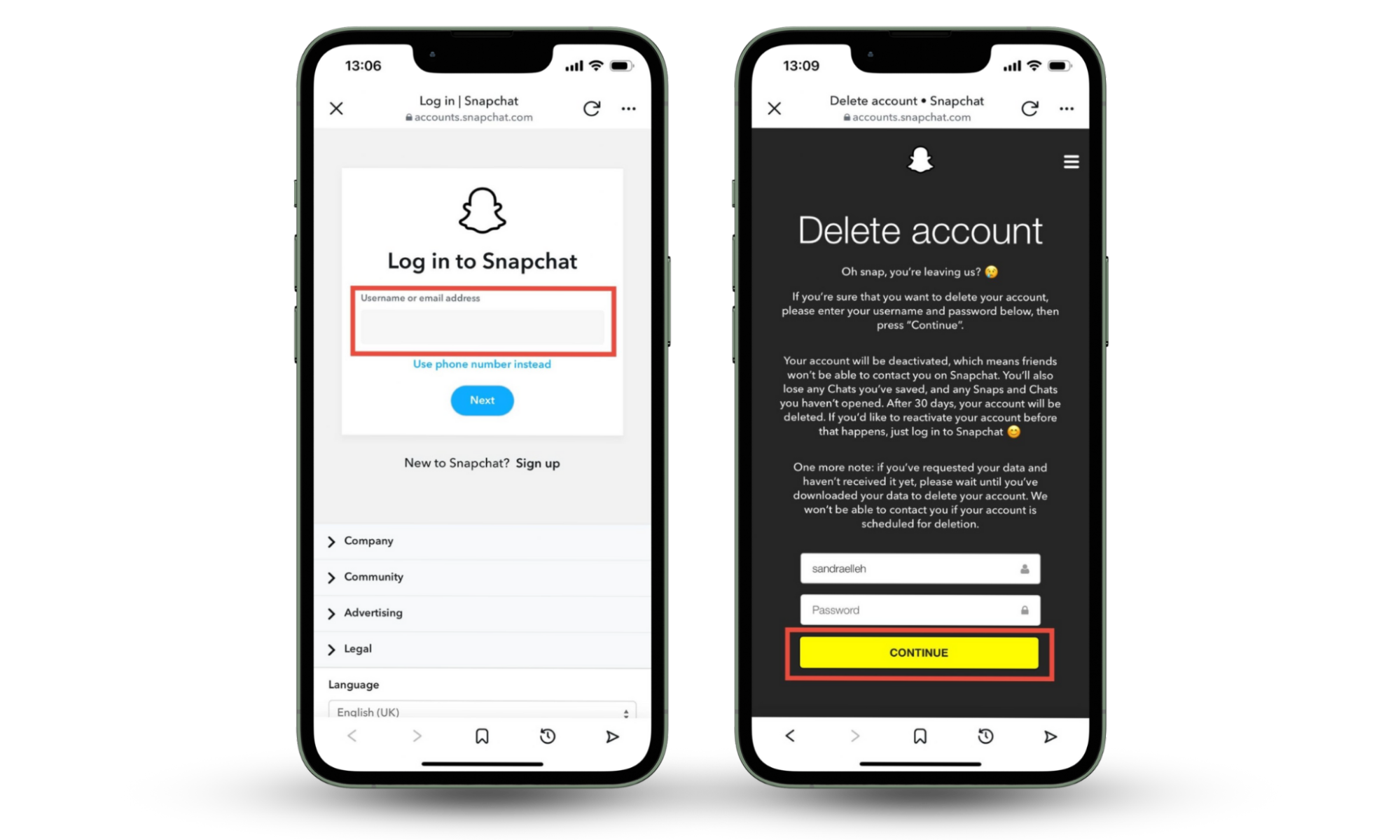 Snapchat app on iOS with Log in the field highlighted. To go through with deleting your Snapchat account, press the Continue button that is also highlighted. Use Clario Anti Spy to enhance your device security before you delete Snapchat account. Snapchat app on iOS with Log in the field highlighted. To go through with deleting your Snapchat account, press the Continue button that is also highlighted. Use Clario Anti Spy to enhance your device security before you delete Snapchat account.
