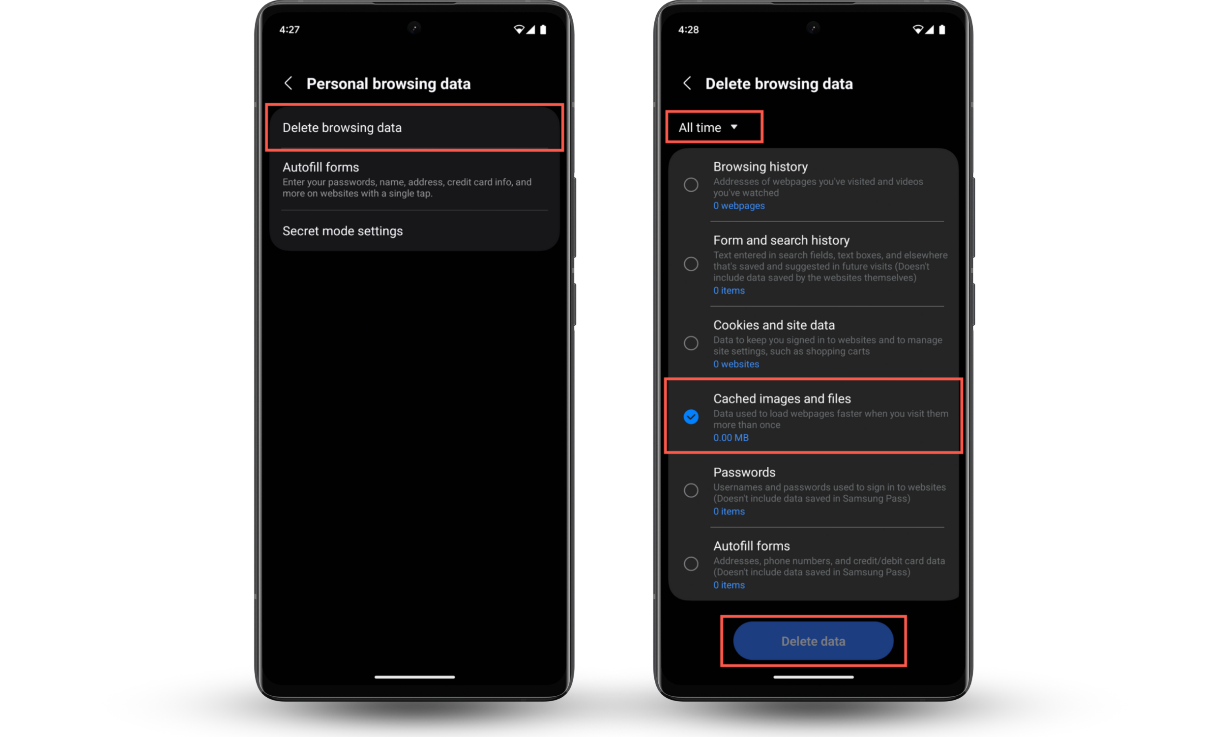 These Samsung Internet screenshots show how to delete your cookies on Android via the browser's Personal browsing data screen. These Samsung Internet screenshots show how to delete your cookies on Android via the browser's Personal browsing data screen.