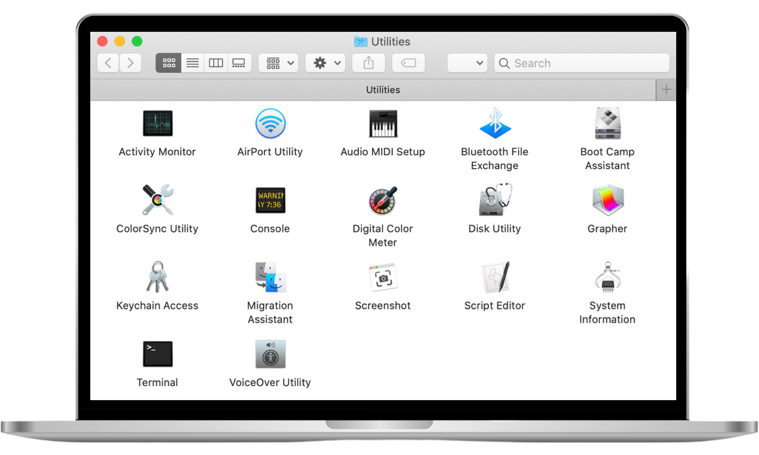 This macOS screenshot shows the Utilities folder in Applications, where users can access system tools such as Console and Terminal.