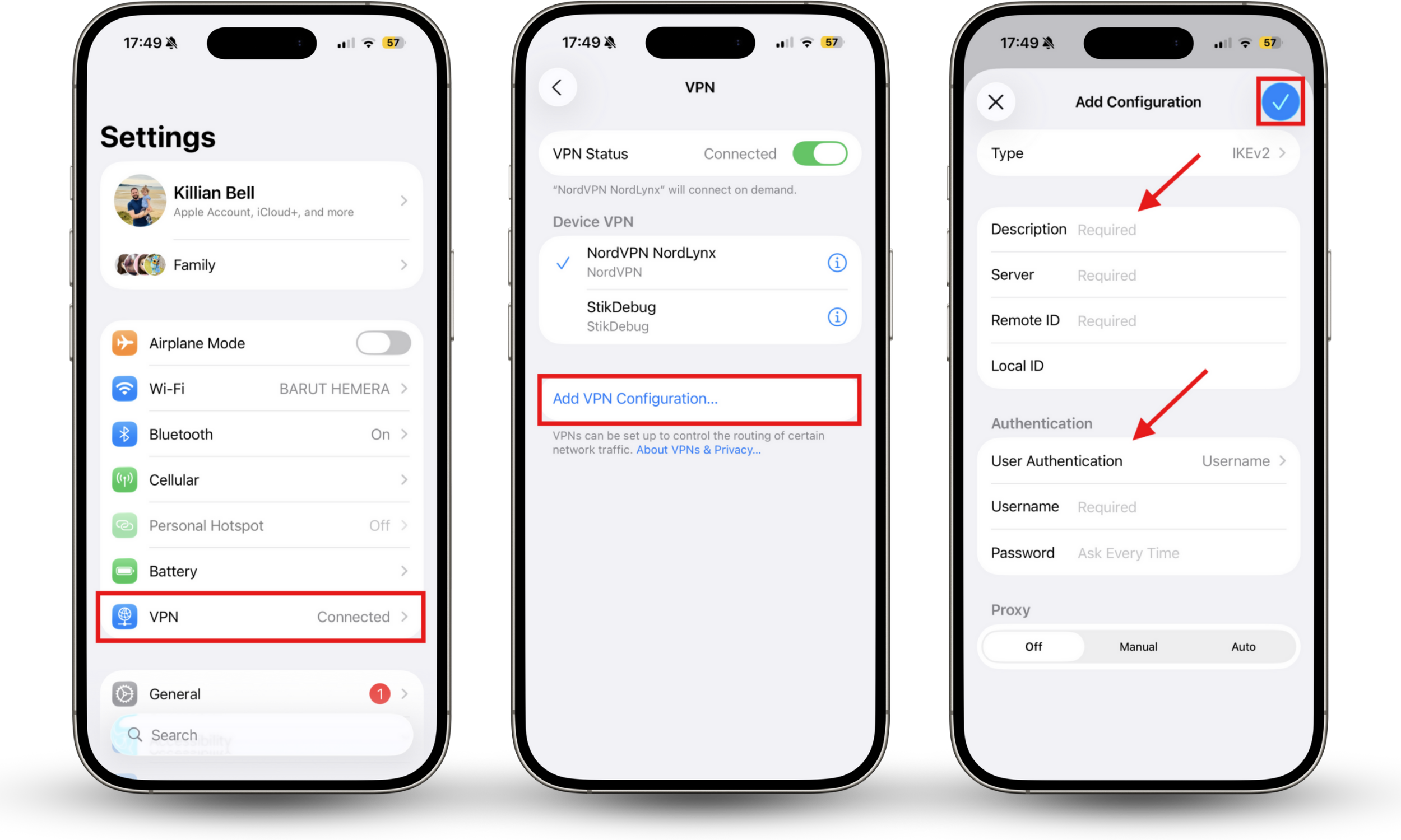 The VPN configuration screen inside the Settings app on iPhone. If you want to know how to change VPN location on iPhone and you prefer to set up your VPN manually, go to Settings > VPN > Add VPN Configuration and enter the details obtained from your provider. The VPN configuration screen inside the Settings app on iPhone. If you want to know how to change VPN location on iPhone and you prefer to set up your VPN manually, go to Settings > VPN > Add VPN Configuration and enter the details obtained from your provider.