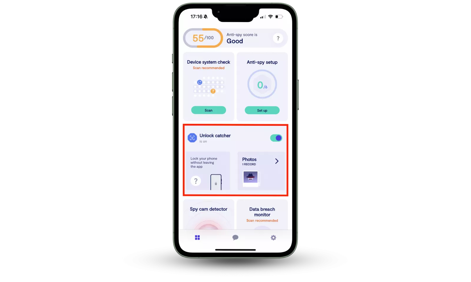 The Clario Anti Spy app dashboard on a mobile phone shows the Unlock catcher feature toggled on and a view of security records.