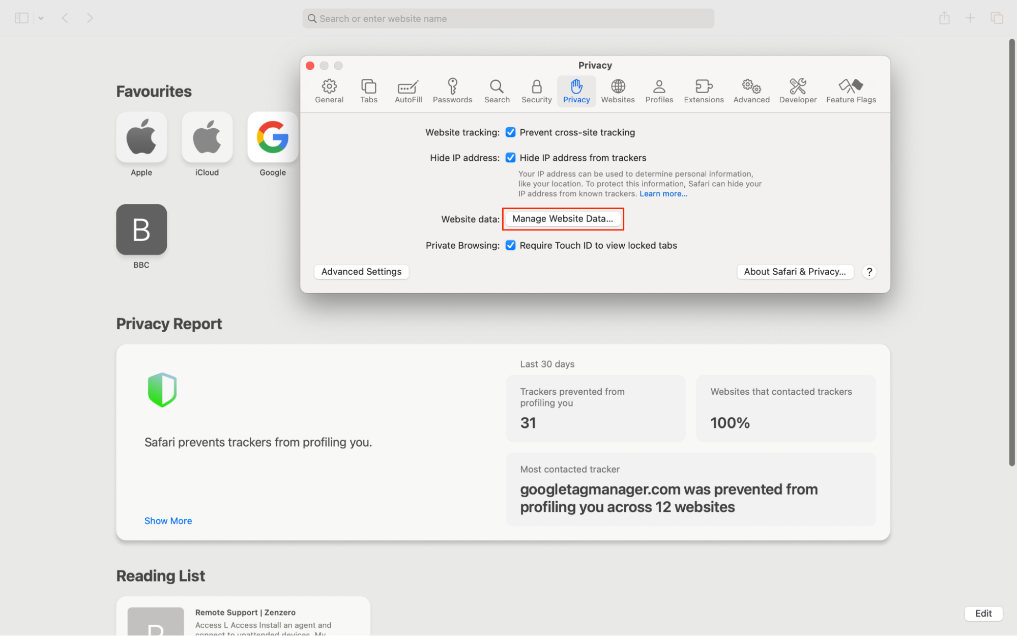 Privacy Settings in Safari on a Mac, with Manage Website Data highlighted. To delete cookies in Safari, click Manage Website Data in your Privacy settings. Privacy Settings in Safari on a Mac, with Manage Website Data highlighted. To delete cookies in Safari, click Manage Website Data in your Privacy settings.