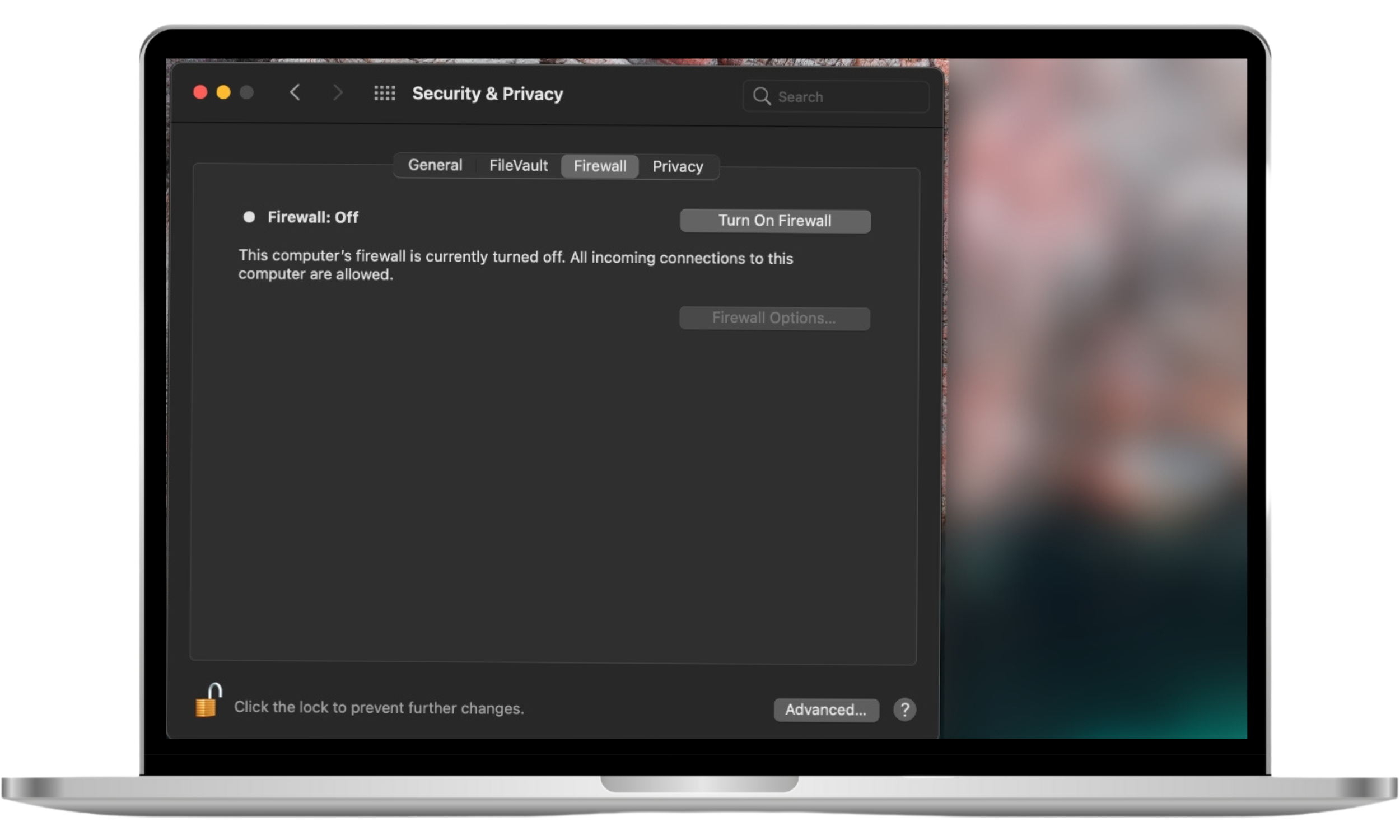 A screenshot of a Mac's Security & Privacy settings, specifically the Firewall tab, showing that the firewall is currently off. A Turn On Firewall button is visible, indicating the current state of the firewall security. A screenshot of a Mac's Security & Privacy settings, specifically the Firewall tab, showing that the firewall is currently off. A Turn On Firewall button is visible, indicating the current state of the firewall security.