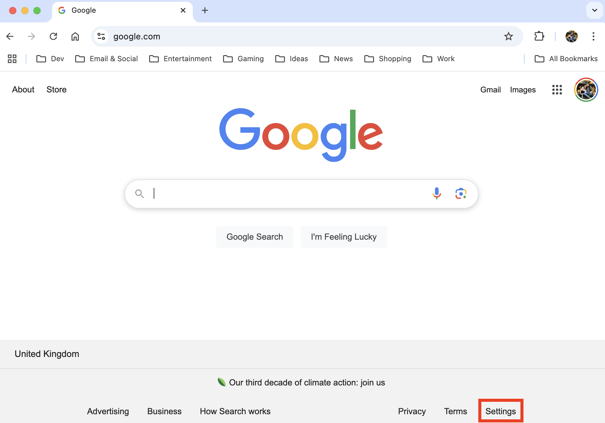 The Google.com homepage inside Google Chrome on Mac. You can manage your Safe Search settings by clicking the Settings button. The Google.com homepage inside Google Chrome on Mac. You can manage your Safe Search settings by clicking the Settings button.