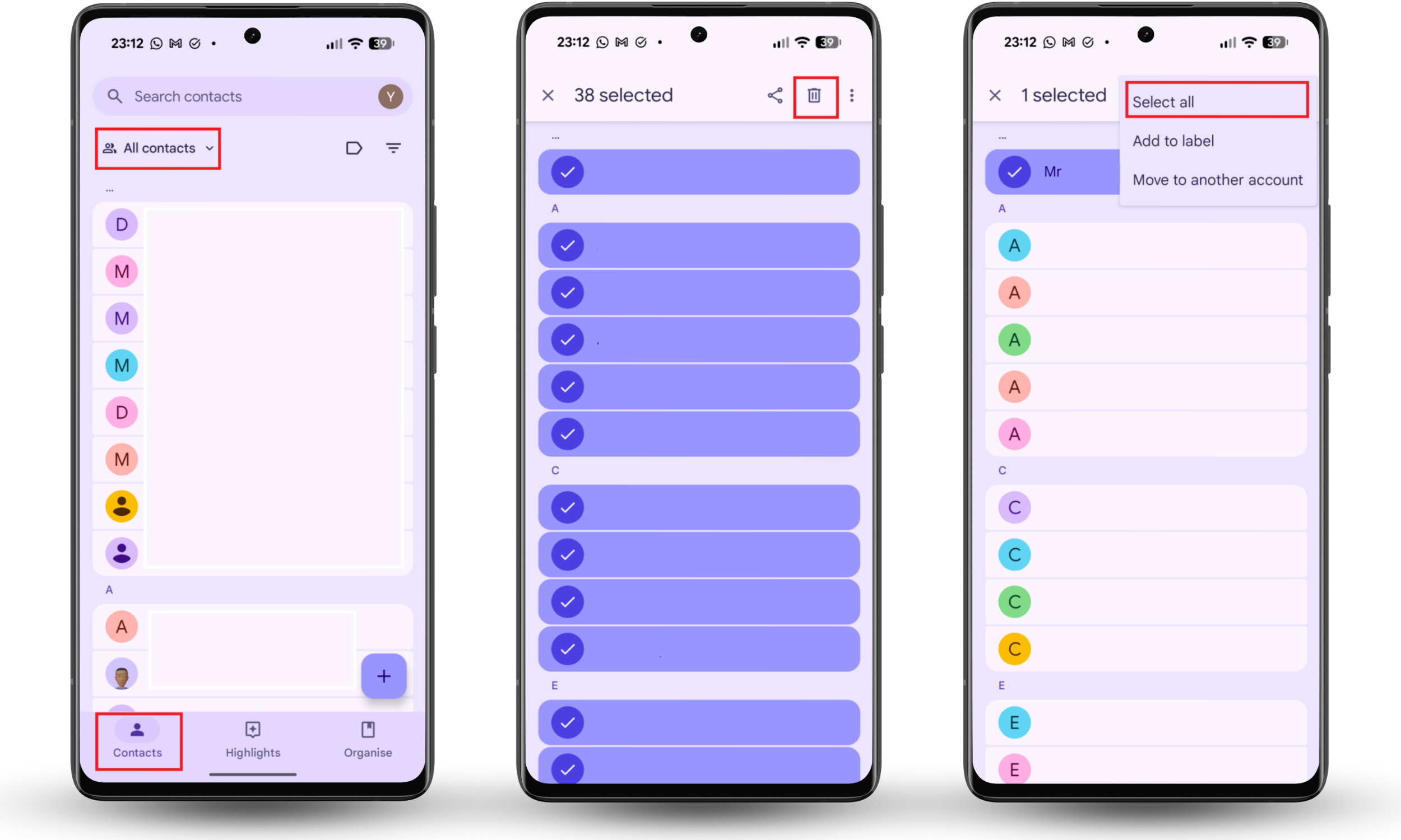 Contacts syncing on another phone shown in the Android Contacts app with account filter, select all option, and delete icon highlighted.