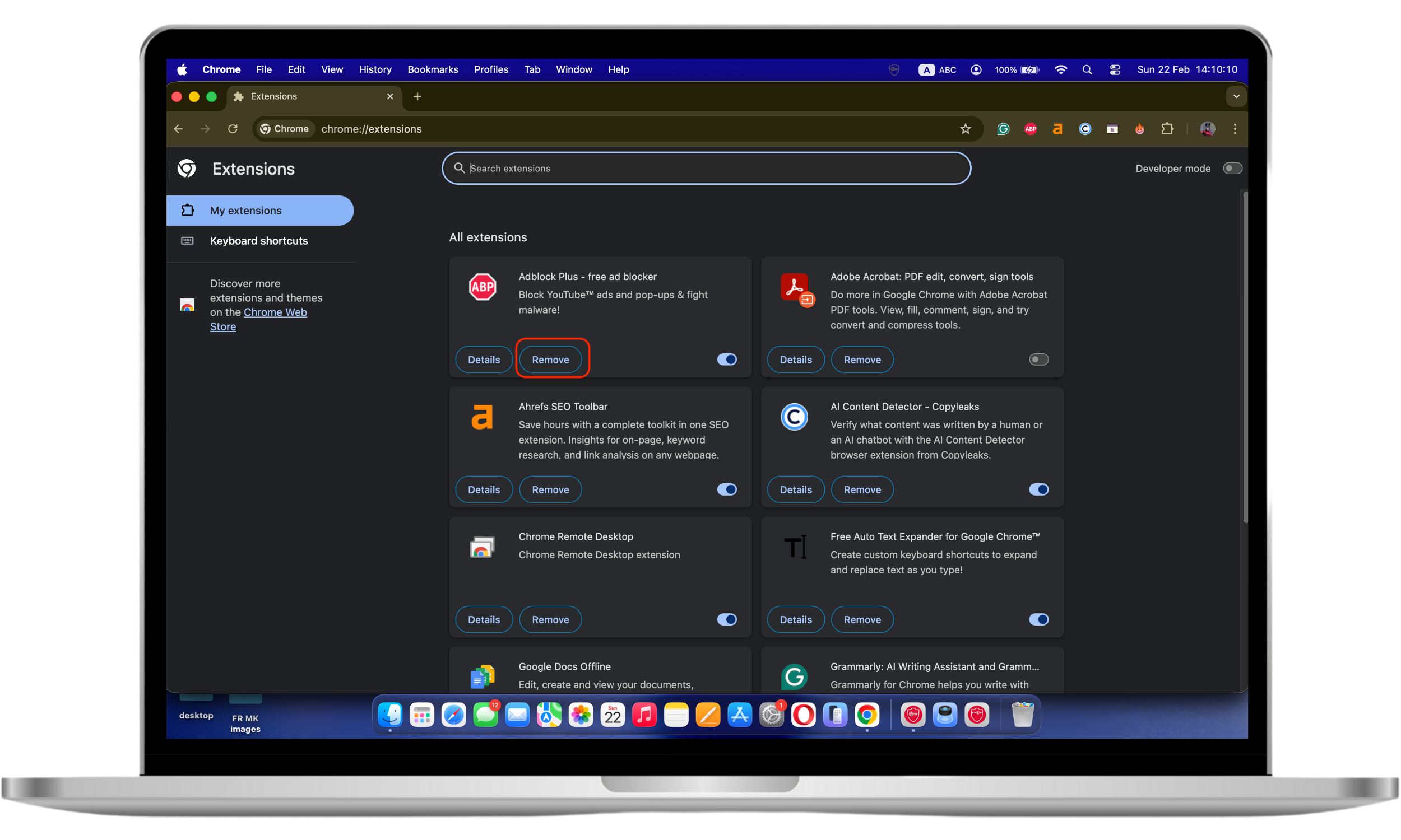 Chrome Extensions page showing the Remove button for an unfamiliar browser extension being selected for deletion