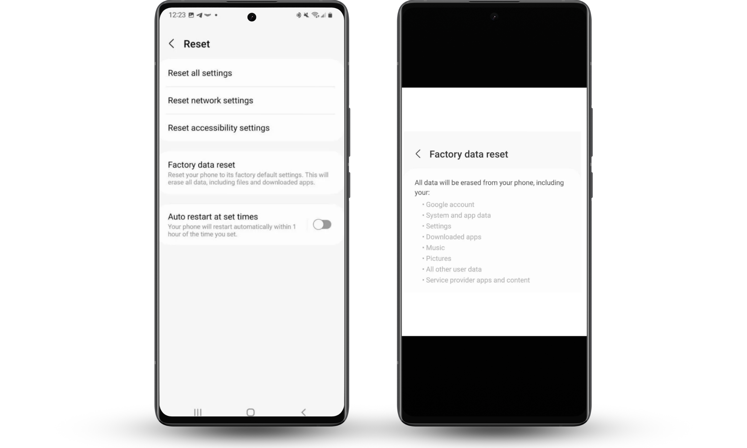 Android settings screen displaying Factory Reset options, helping users erase ransomware-infected data and restore the phone to its default system state.
