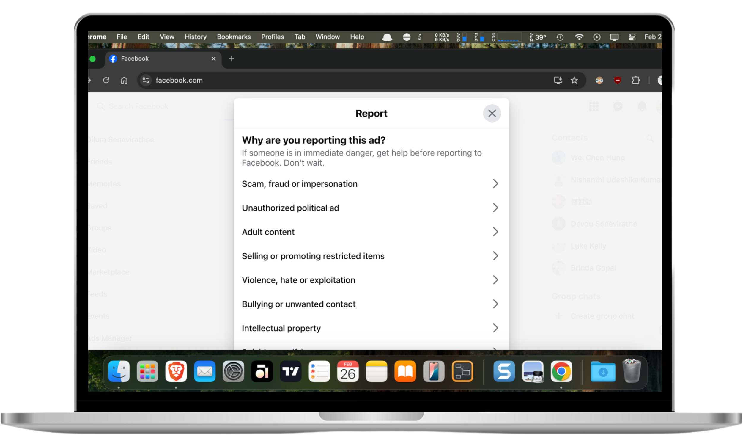 This browser screenshot shows how to stop Facebook ads by reporting ads from certain advertising companies as you see them in your feed. This browser screenshot shows how to stop Facebook ads by reporting ads from certain advertising companies as you see them in your feed.