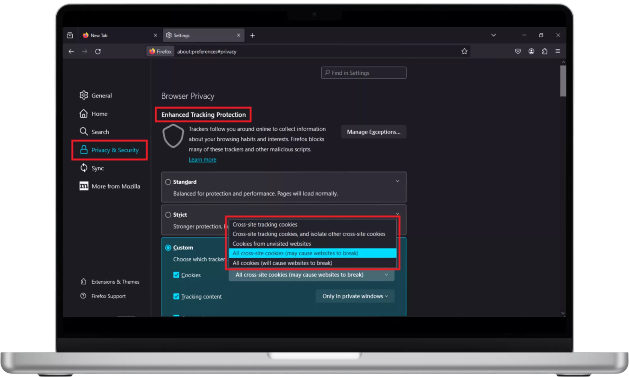 Firefox’s Privacy & Security settings appear on a Windows 11 device. Disable cookies on your computer to limit tracking. Firefox’s Privacy & Security settings appear on a Windows 11 device. Disable cookies on your computer to limit tracking.