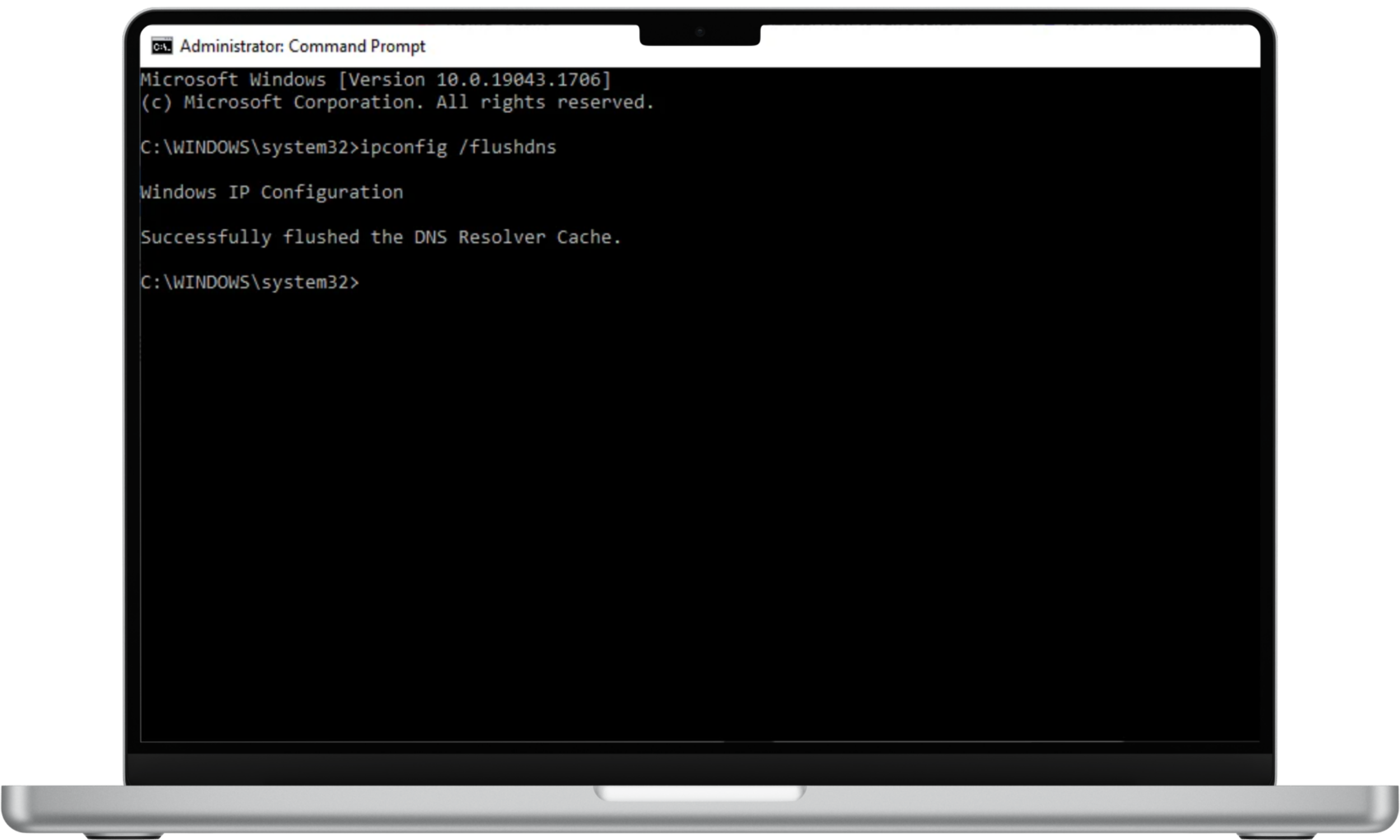 This Windows screenshot shows the ipconfig /flushdns command being entered in Command Prompt to remove cached DNS records.