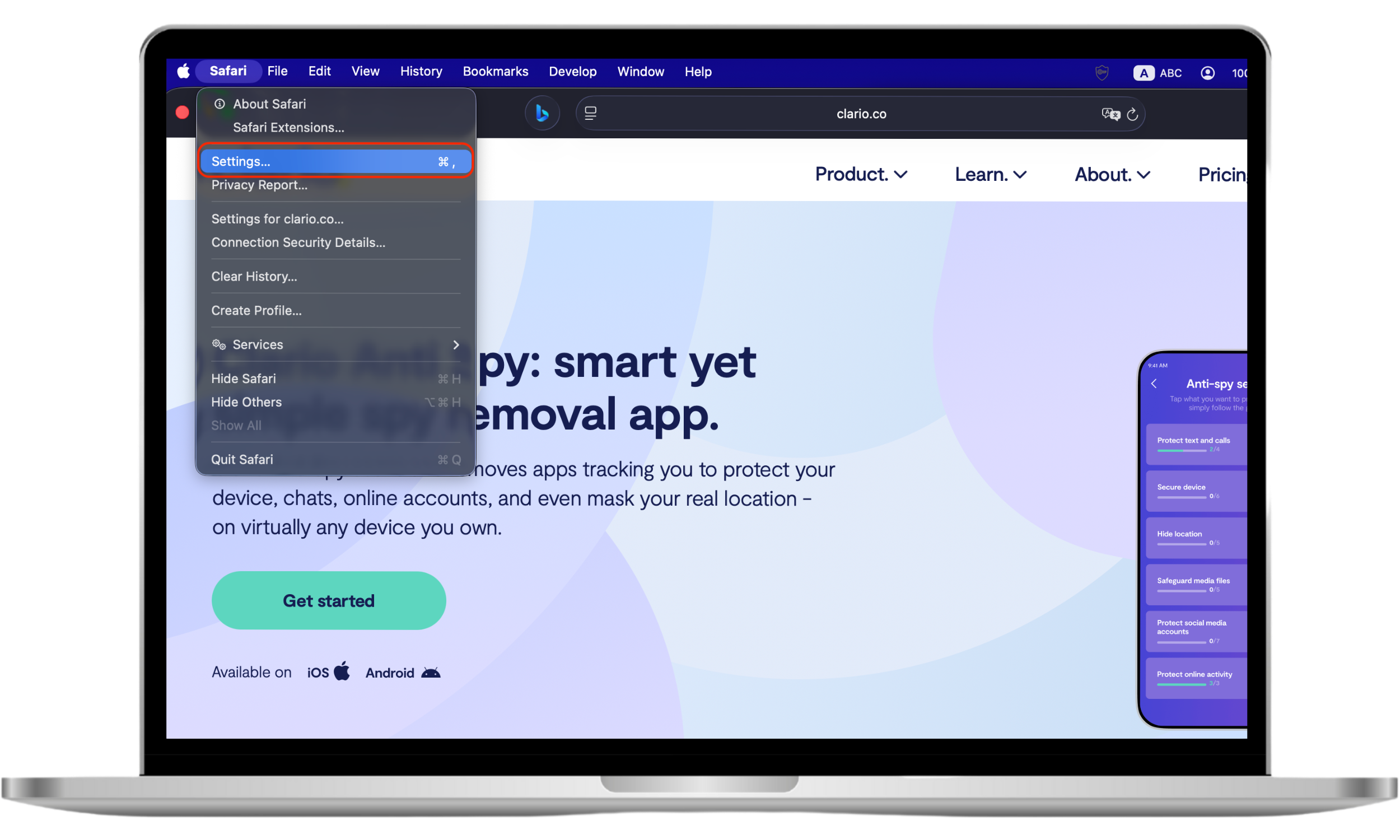The Safari browser menu with Settings selected, showing the first step of how to Delete Cookies on Mac Safari.