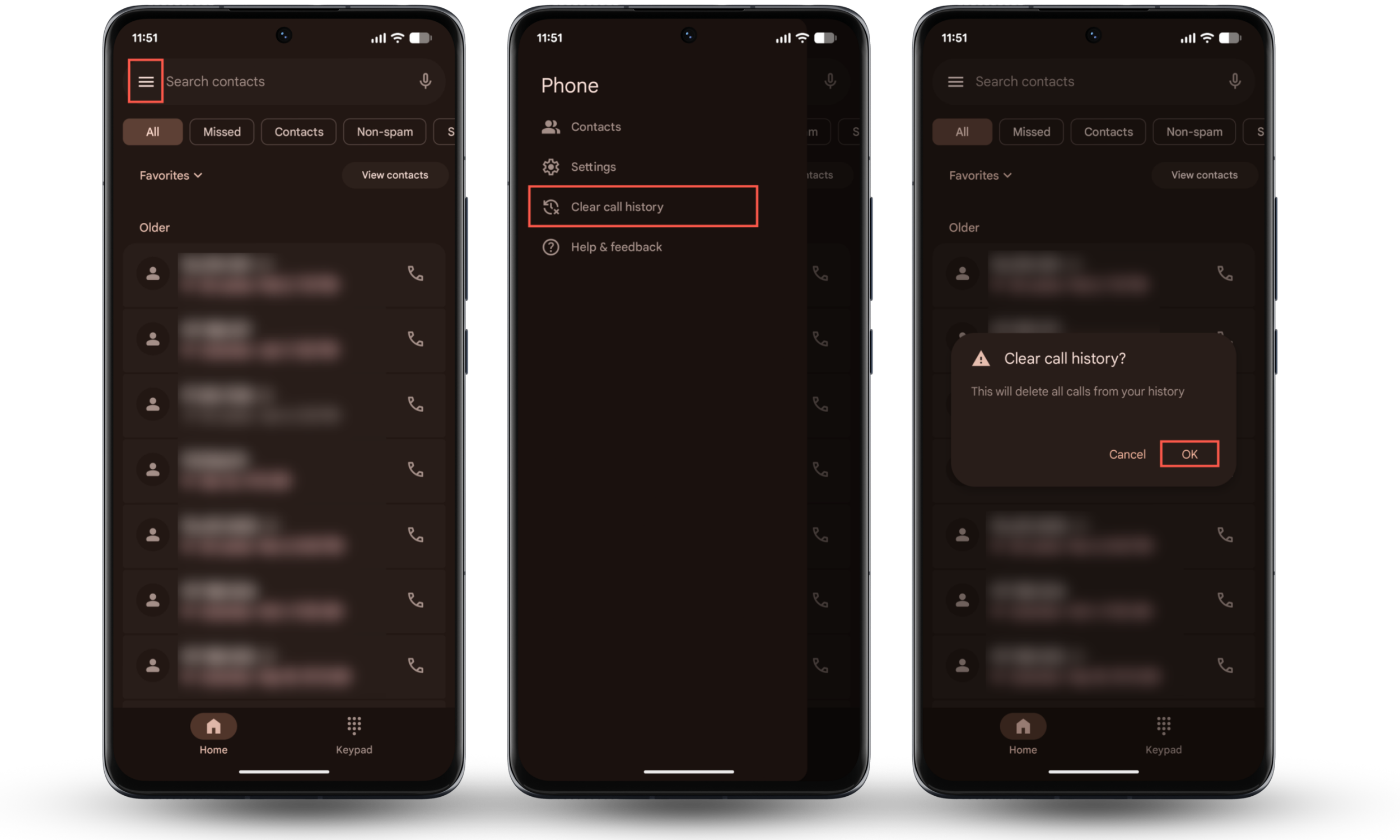 These Android screenshots show how to delete all call logs by visiting the Phone app's menu and selecting the Clear call history option. These Android screenshots show how to delete all call logs by visiting the Phone app's menu and selecting the Clear call history option.