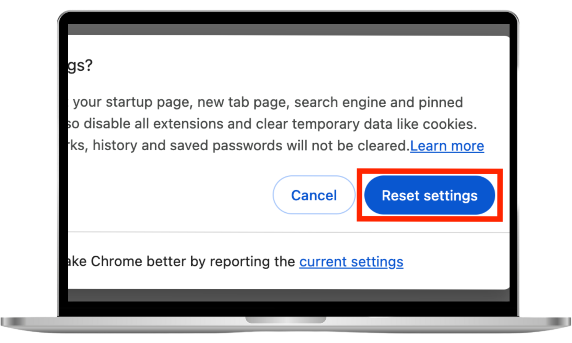 The Reset settings confirmation prompt in Google Chrome on Mac. Reset all your browser settings to revert changes made by the Look2Me malware on in Google Chrome. The Reset settings confirmation prompt in Google Chrome on Mac. Reset all your browser settings to revert changes made by the Look2Me malware on in Google Chrome.