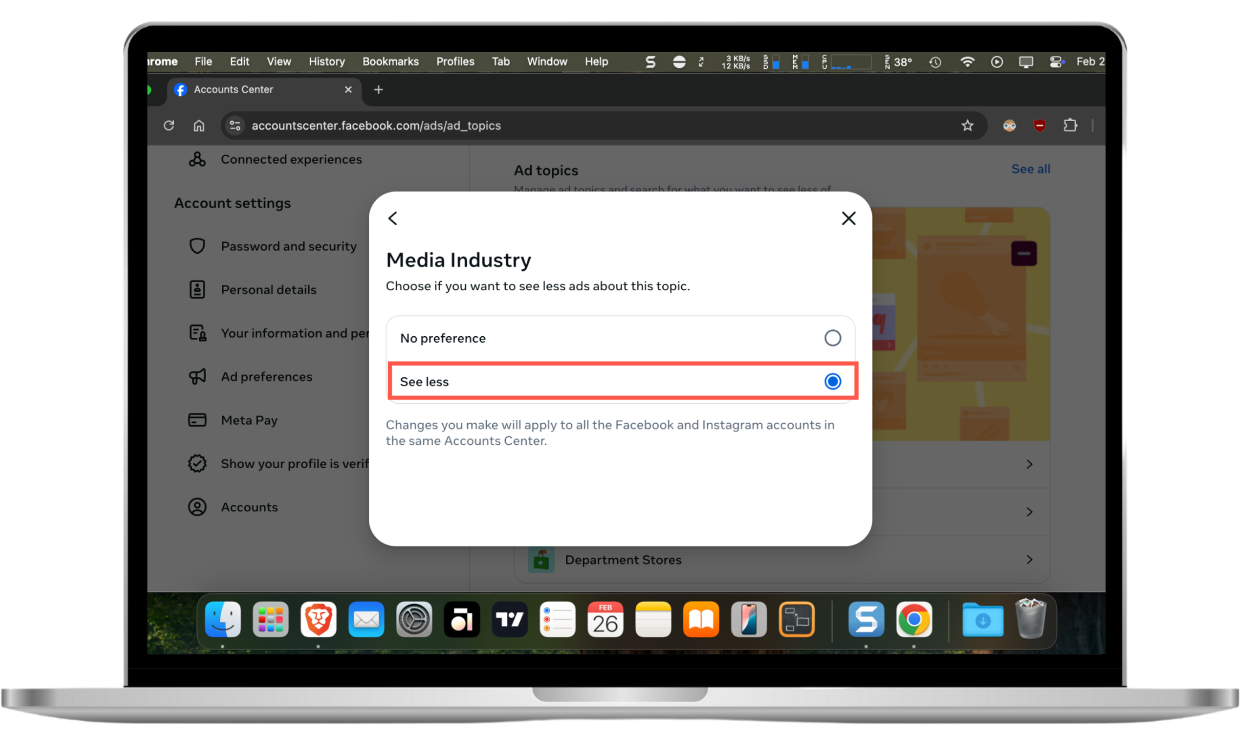 This browser screenshot shows how to stop Facebook ads by configuring that you want to see less ads from certain ad topics. This browser screenshot shows how to stop Facebook ads by configuring that you want to see less ads from certain ad topics.