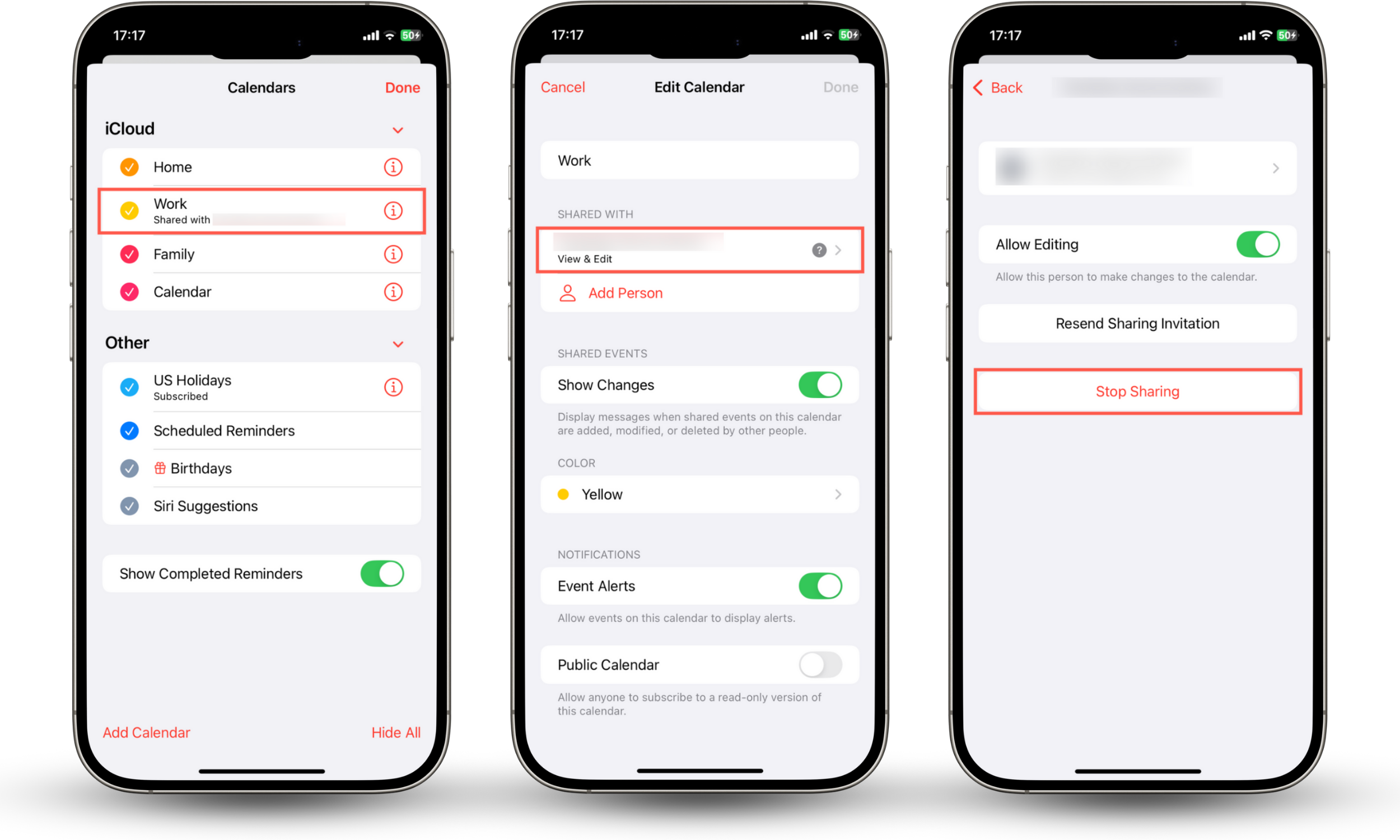 These iOS screenshots show how to remove shared access in the Apple Calendar app to stop your calendar from syncing with another phone.