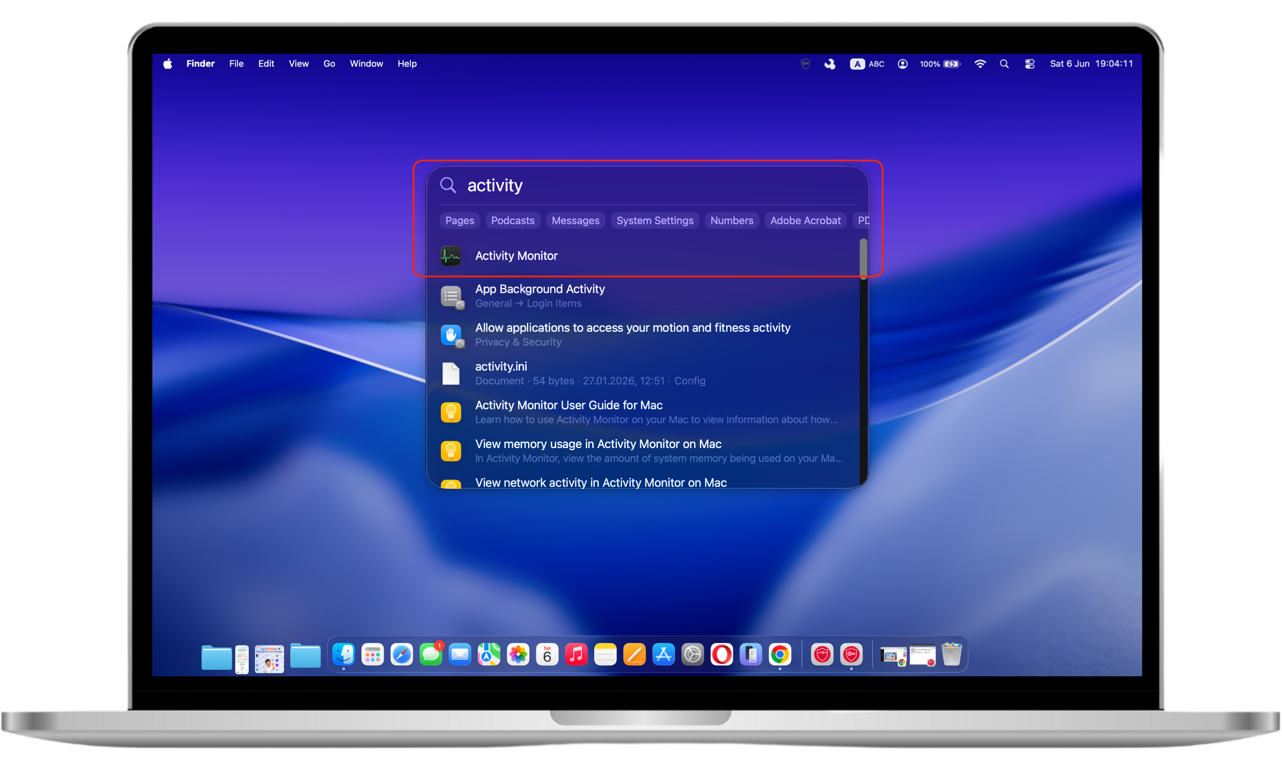 Spotlight Search displays Activity Monitor as a search result on a Mac, providing quick access to CPU, memory, and system performance information.