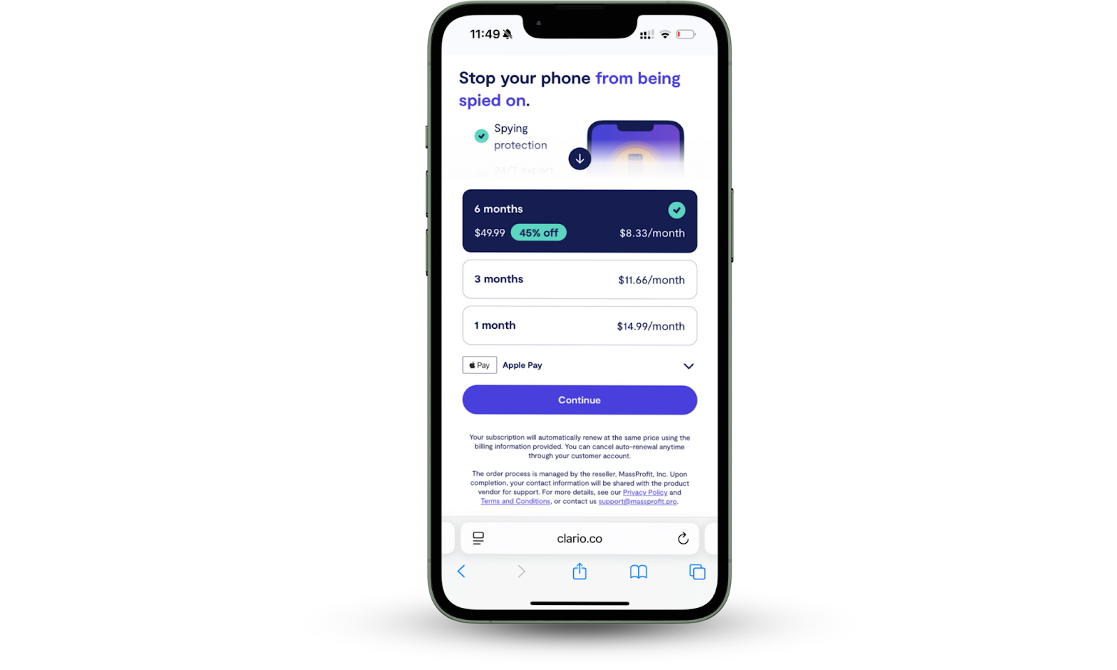 Clario Anti Spy has a diverse pricing model as one of the best anti-spyware apps for iPhone. Clario Anti Spy has a diverse pricing model as one of the best anti-spyware apps for iPhone.