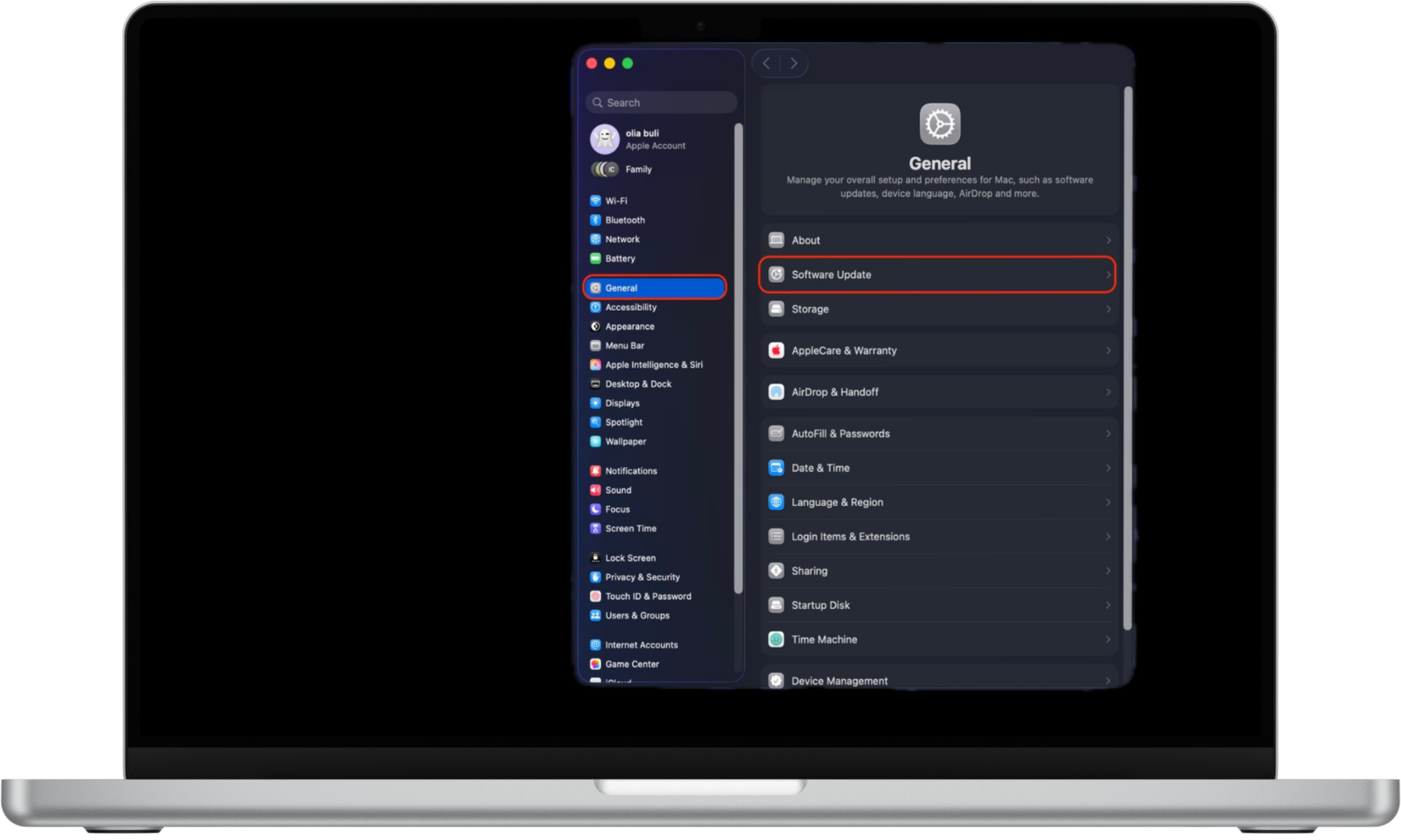 macOS System Settings showing the General > Software Update menu used to install security patches against zero-day attacks