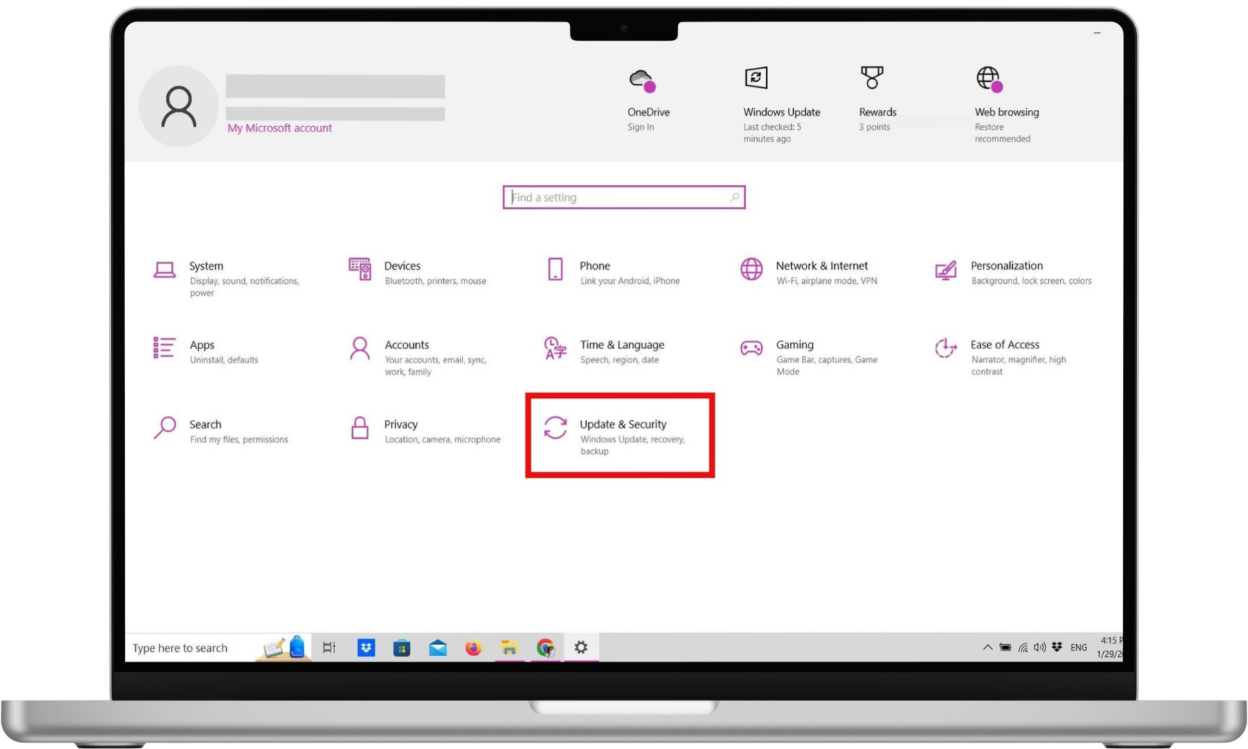 Settings menu in Windows 10 with Updates & Security highlighted Settings menu in Windows 10 with Updates & Security highlighted