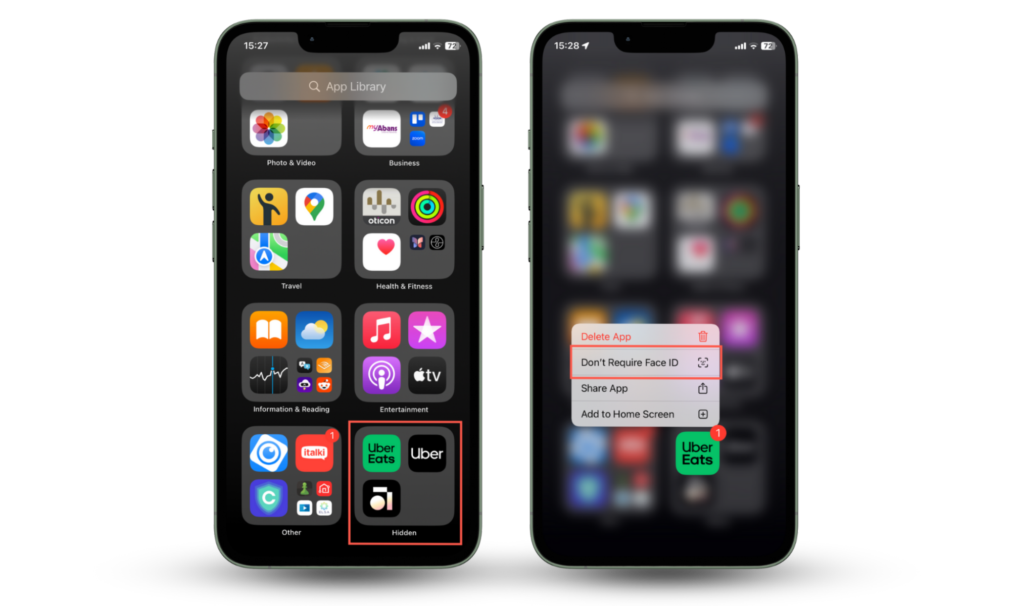 These iOS screenshots show how to check the Hidden category within the App Library to find hidden apps secured with Face ID or Touch ID on iPhone. These iOS screenshots show how to check the Hidden category within the App Library to find hidden apps secured with Face ID or Touch ID on iPhone.