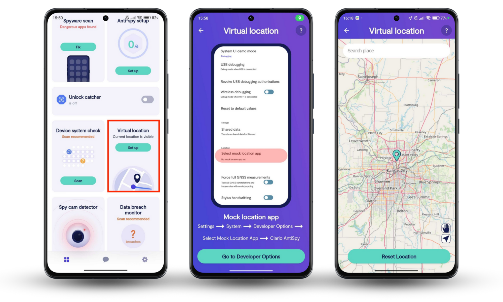 Clario Anti Spy’s Virtual location is opened on Android. Since it’s not safe to use a free VPN, use Virtual location to safeguard your data. Clario Anti Spy’s Virtual location is opened on Android. Since it’s not safe to use a free VPN, use Virtual location to safeguard your data.