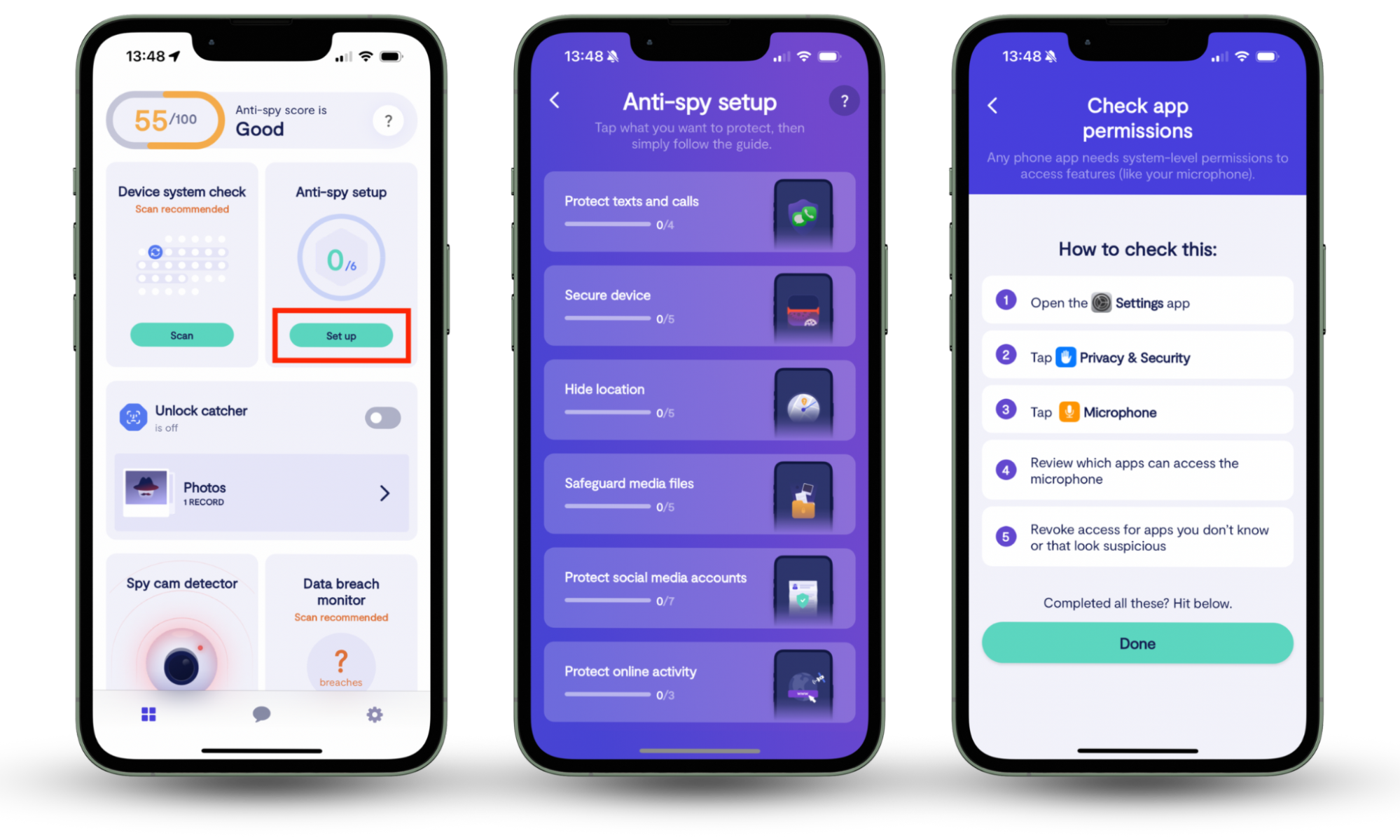 Clario Anti Spy's Anti-spy setup, which helps users protect their phones and online accounts. Worried about dating app scams? Make sure your phone is safe.