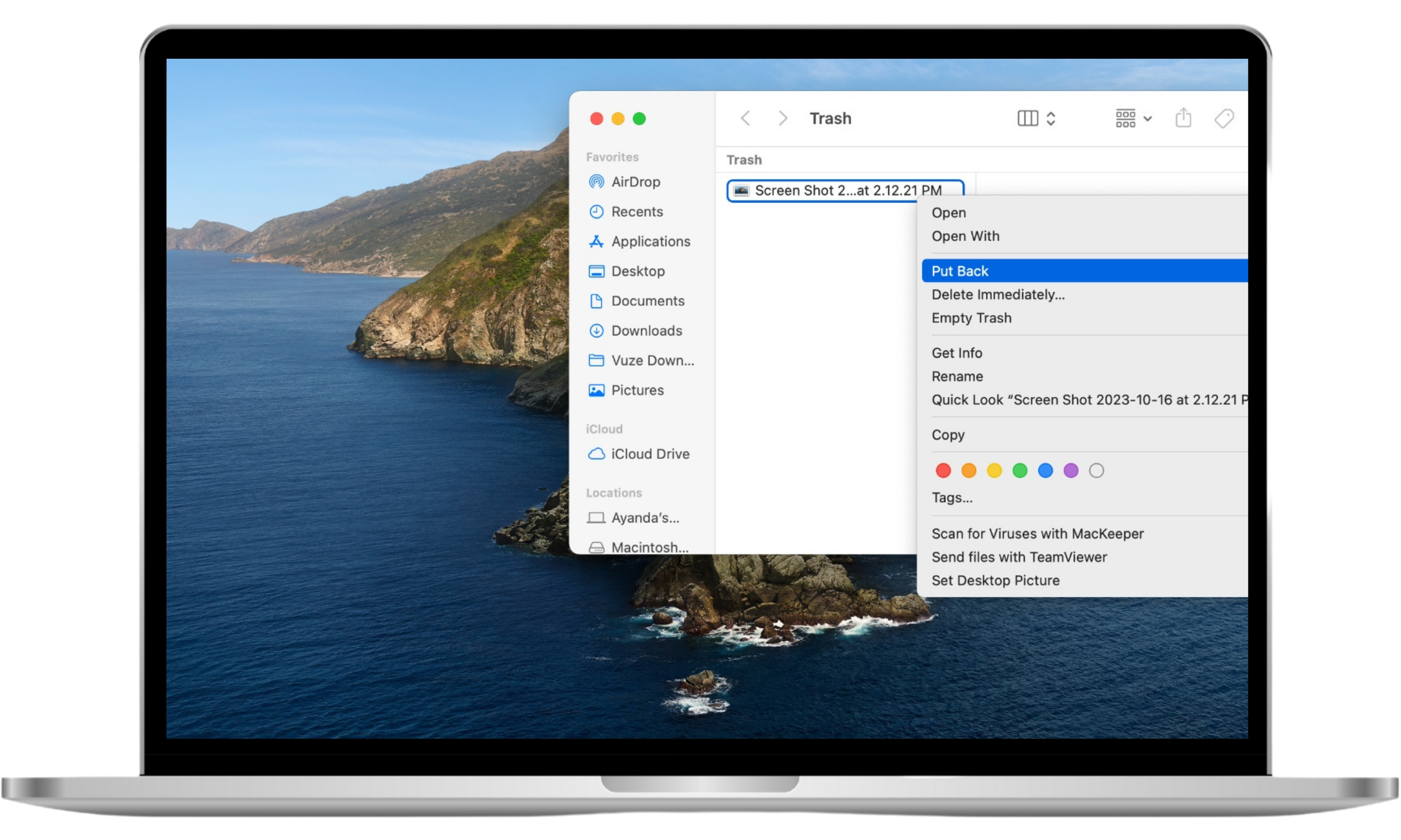 Restoring a deleted item from the Trash on a Mac. Restoring a deleted item from the Trash on a Mac.