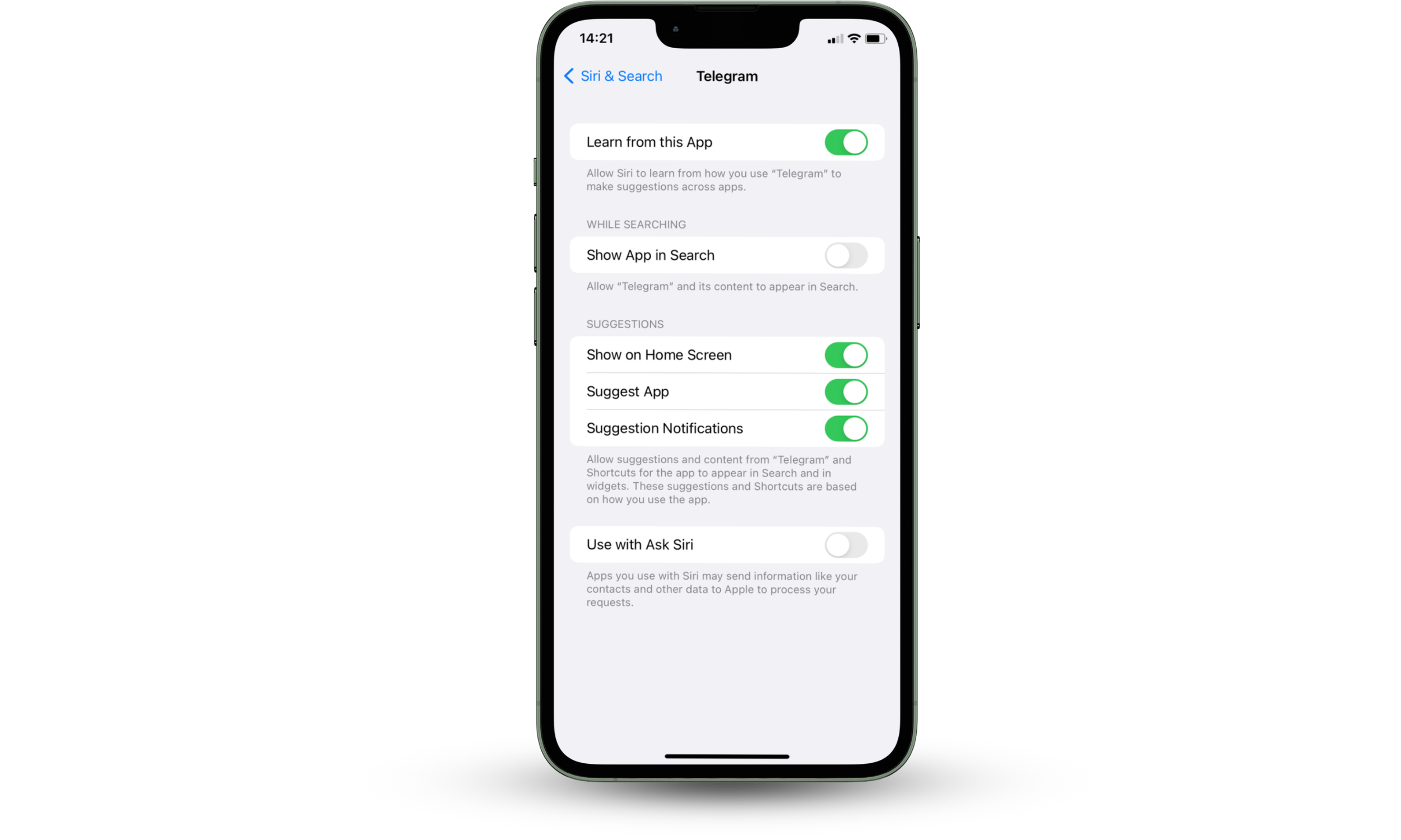 An iPhone screen shows the Siri & Search settings for an app with the Show App in Search switch toggled off.