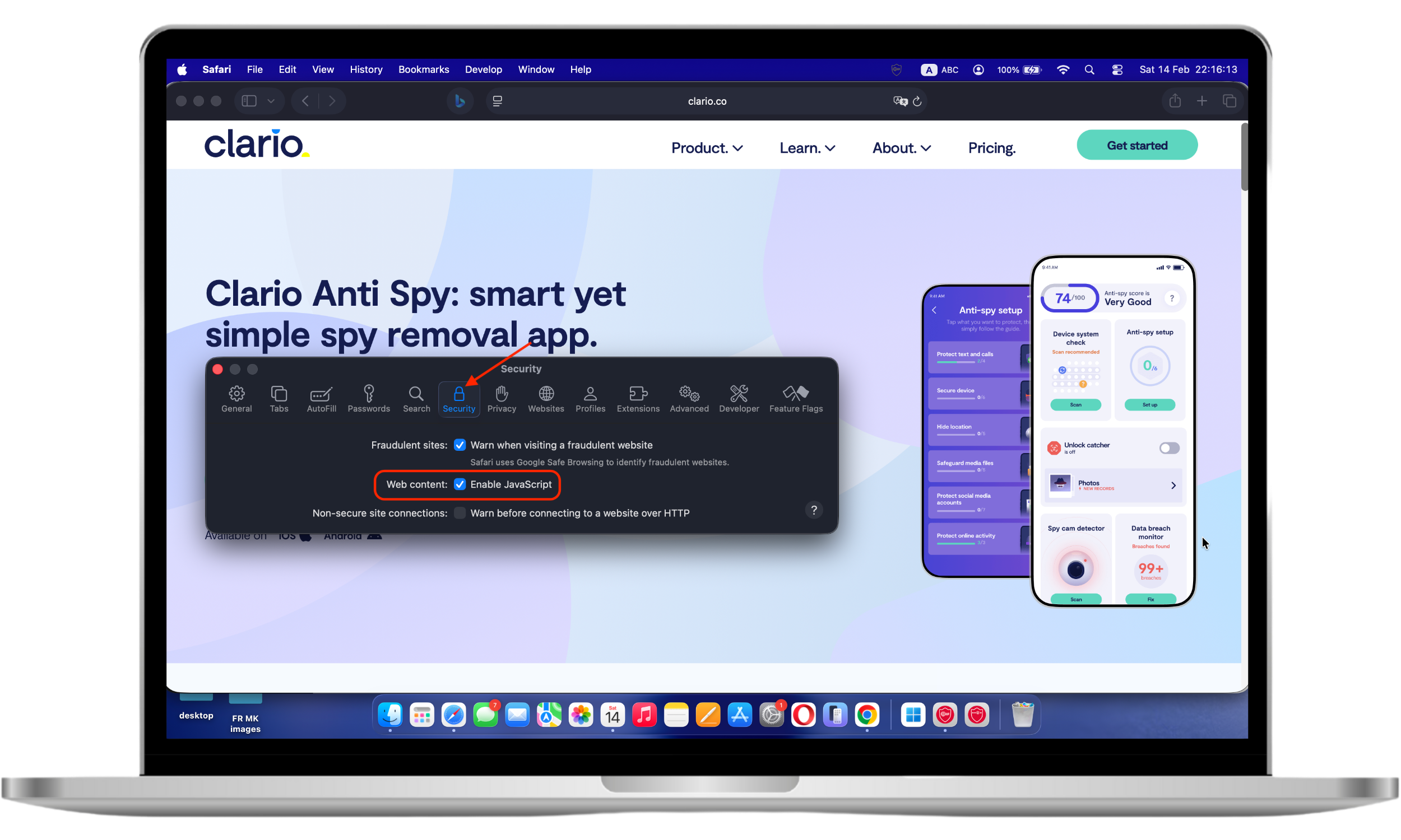These Mac screenshots show how to uncheck the Enable JavaScript option via the Safari Settings, which helps stop browser tracking.