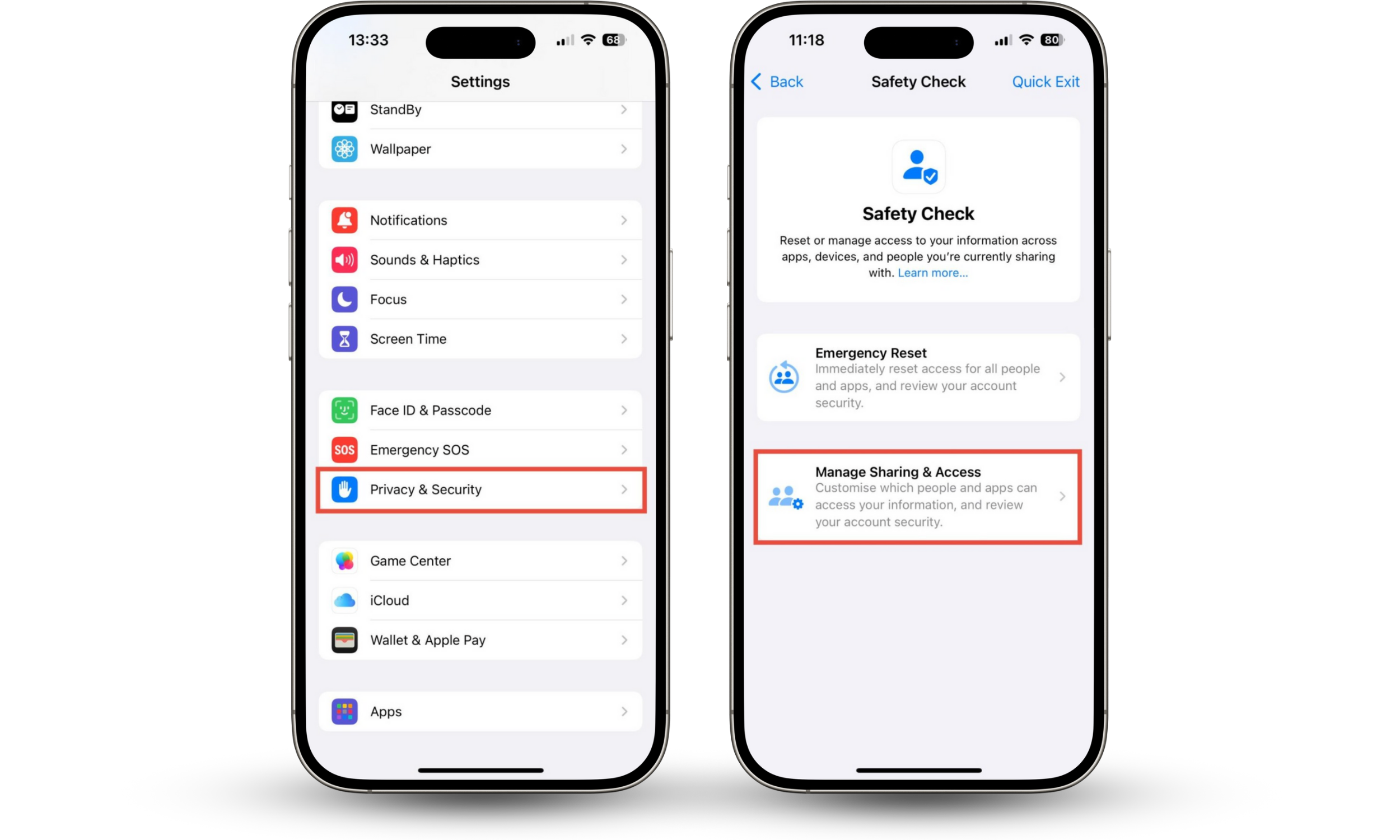 An iPhone showing how to access the iOS Safety Check. To detect FlexiSpy on iPhone, look for apps with unusual permissions. An iPhone showing how to access the iOS Safety Check. To detect FlexiSpy on iPhone, look for apps with unusual permissions.