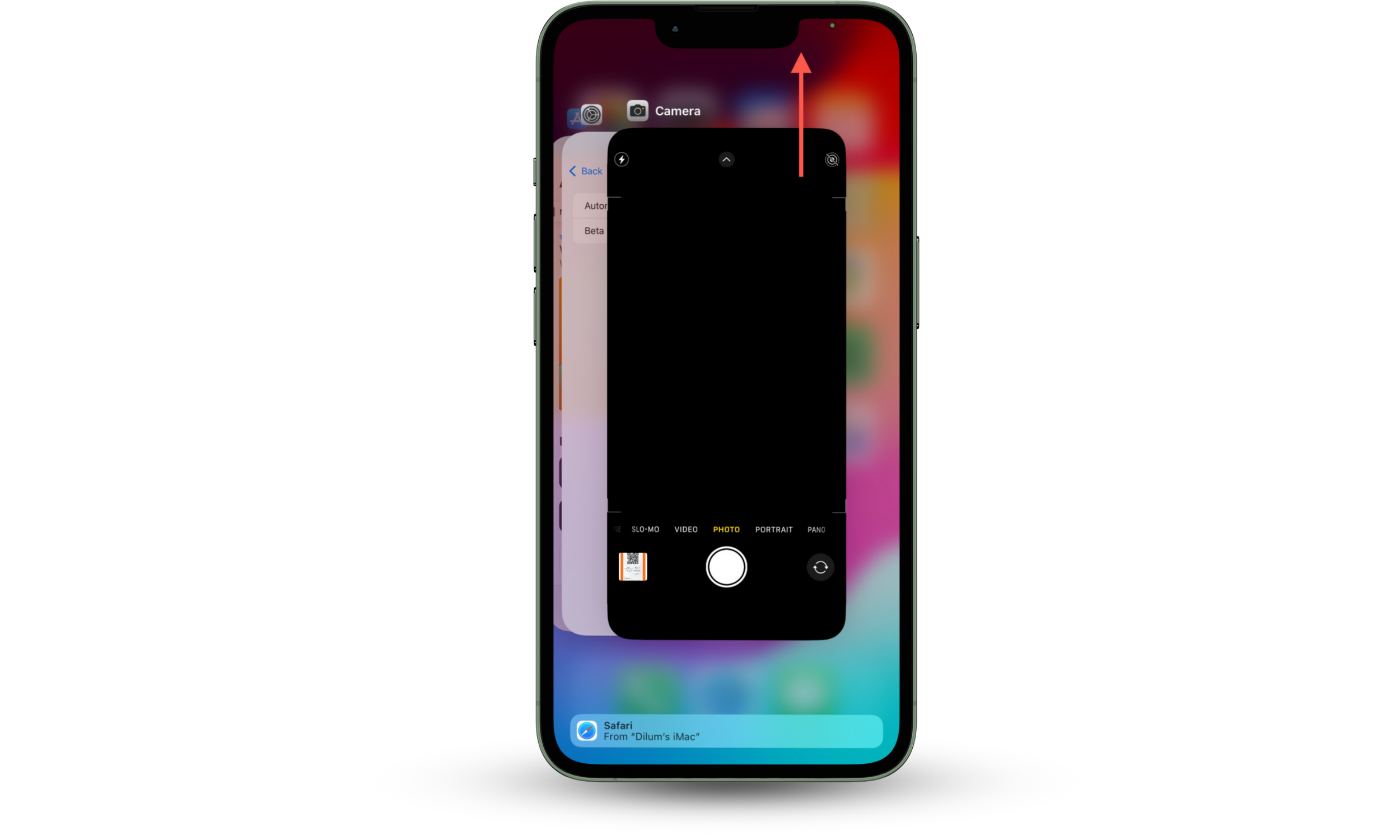 This iOS screenshot shows how to open the App Switcher and forcibly quit an app so that you can remove the green dot on iPhone. This iOS screenshot shows how to open the App Switcher and forcibly quit an app so that you can remove the green dot on iPhone.