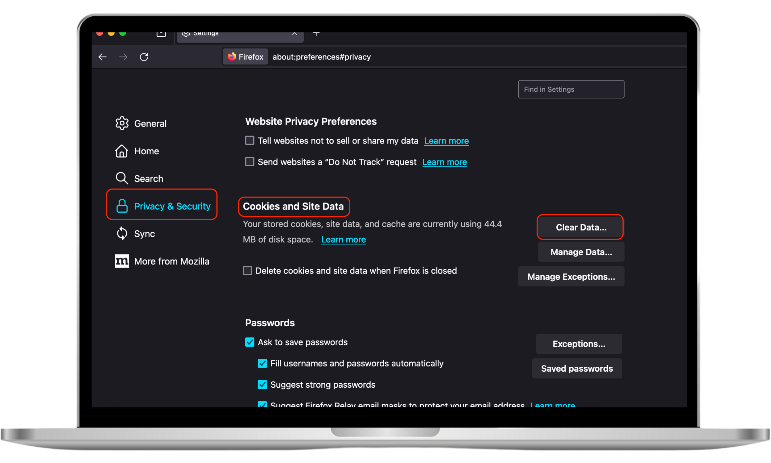 The Firefox 'Privacy & Security' settings page, with the 'Cookies and Site Data' section and the 'Clear Data...' button highlighted, illustrating the final steps to delete cookies on Mac Firefox.