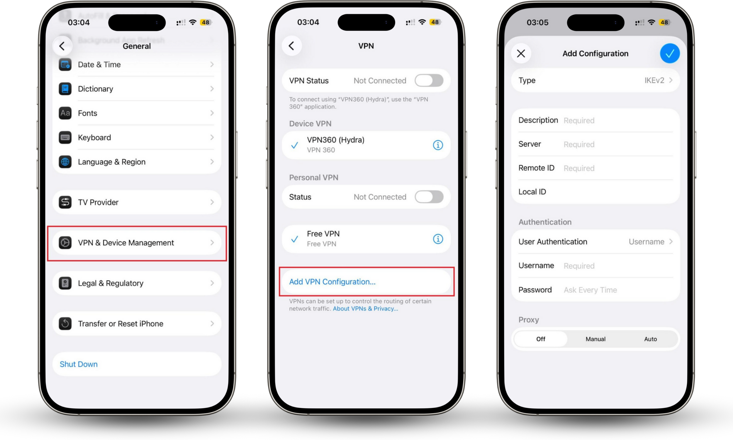 The process of manual VPN configuration for iPhone, using the iOS Settings menu.
