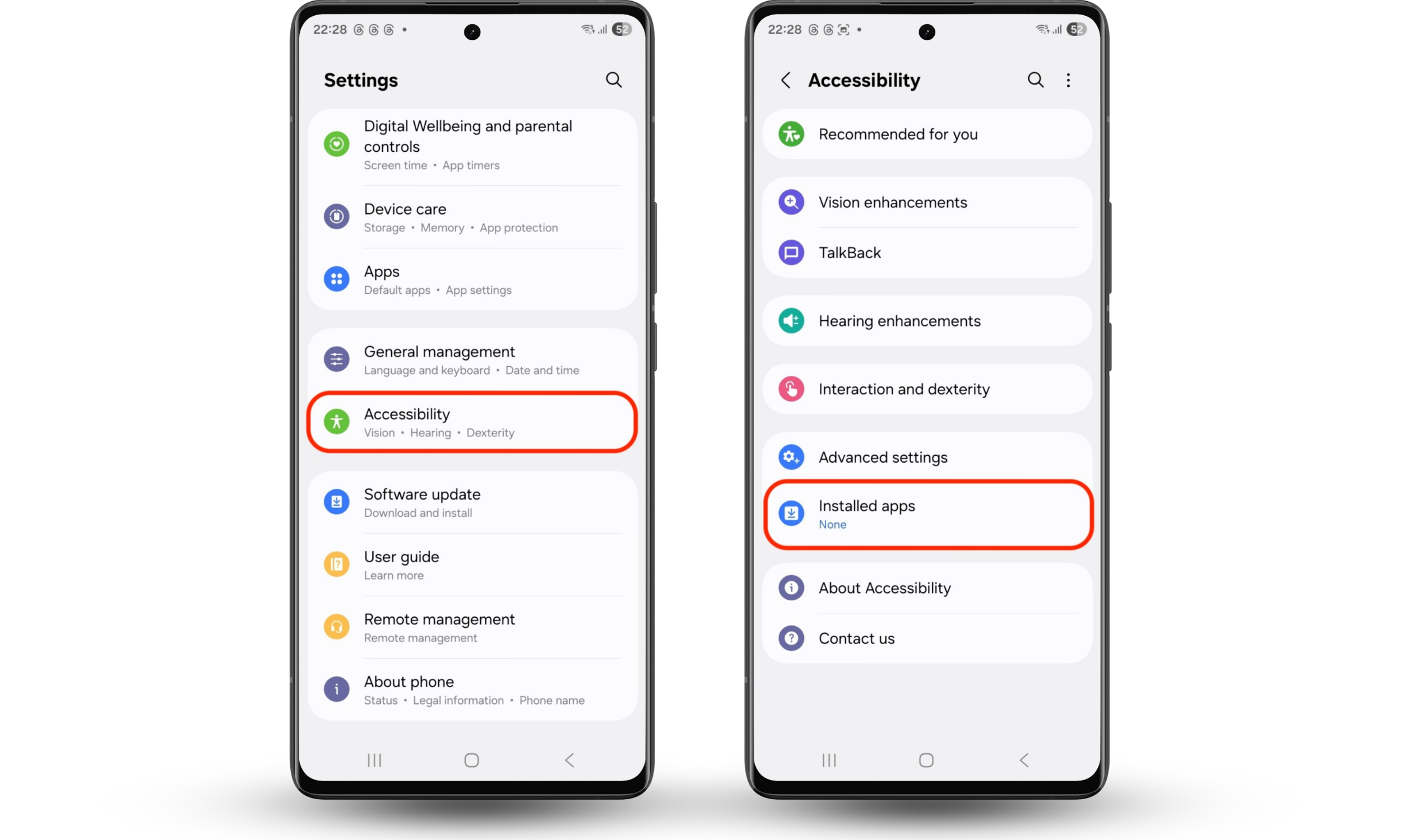 The Accessibility settings on an Android phone showing a list of installed services, where the user reviews enabled services and disables any unfamiliar or potentially suspicious apps. The Accessibility settings on an Android phone showing a list of installed services, where the user reviews enabled services and disables any unfamiliar or potentially suspicious apps.