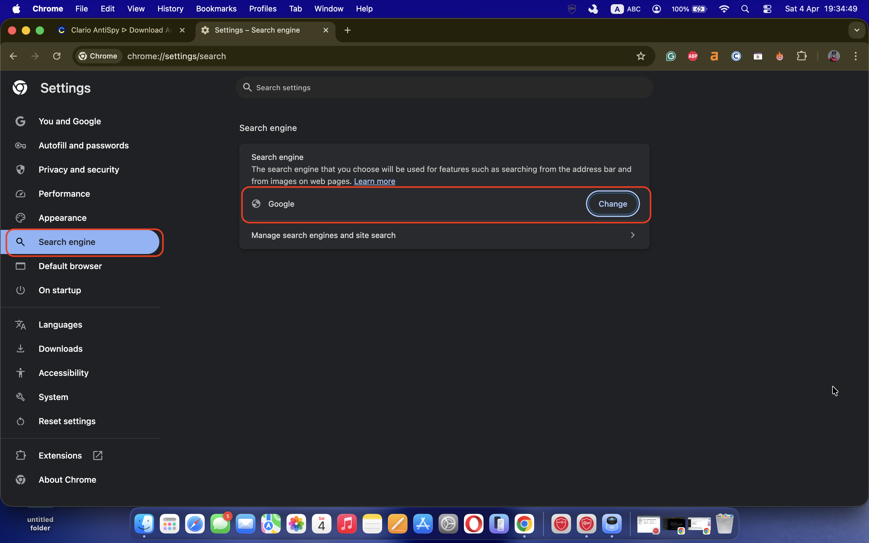 The Google Chrome settings on a Mac showing the search engine section, where the user reviews and resets the default search engine to a trusted provider after removing adware. The Google Chrome settings on a Mac showing the search engine section, where the user reviews and resets the default search engine to a trusted provider after removing adware.