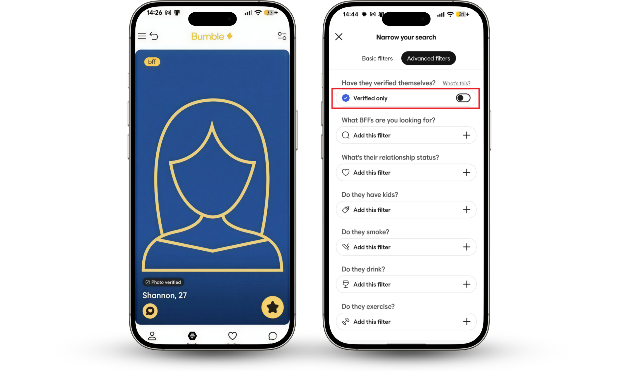 Bumble profile showing the Photo verified badge and the Advanced filters screen with the Verified only option, illustrating verification tools that help users reduce the risk of Bumble scams. Bumble profile showing the Photo verified badge and the Advanced filters screen with the Verified only option, illustrating verification tools that help users reduce the risk of Bumble scams.